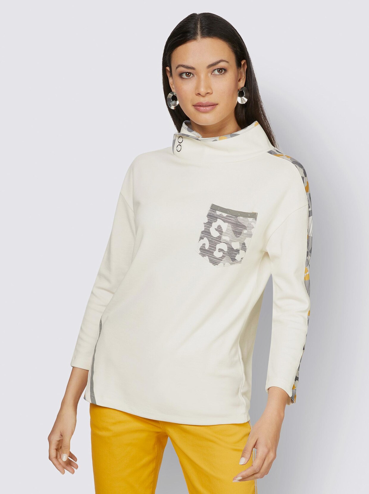 Langarmshirt - ecru-grau-bedruckt
