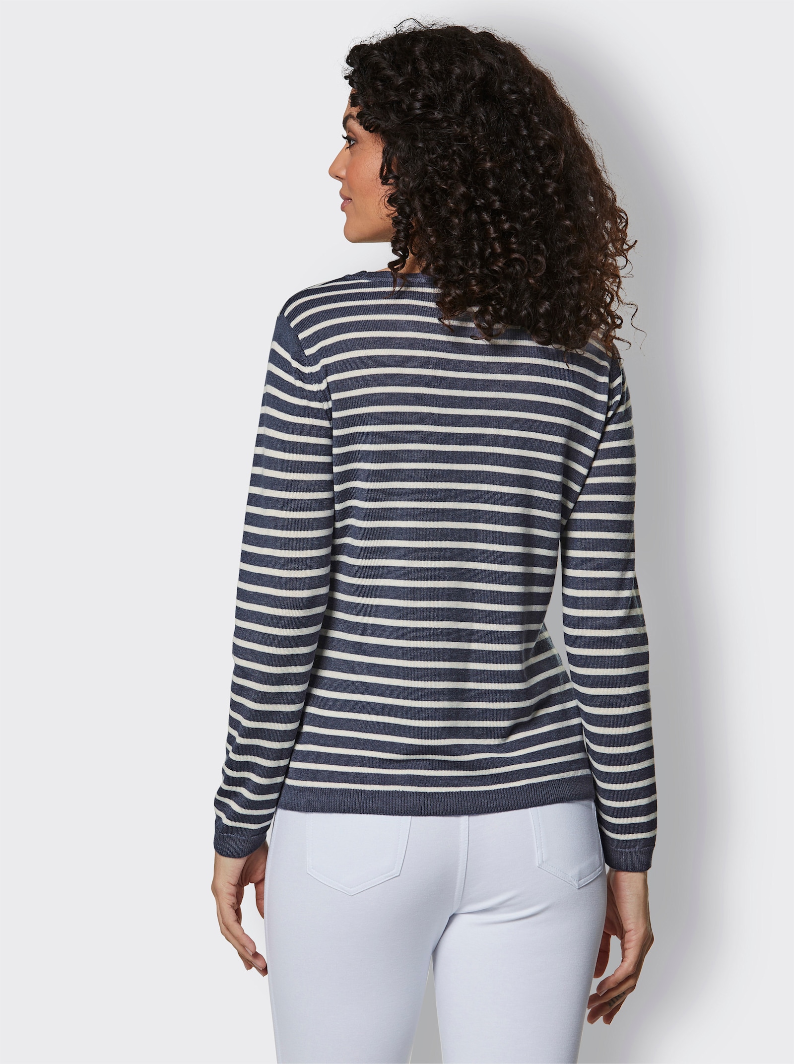 CREATION L PREMIUM Rundhalspullover im Ringel-Dessin - rauchblau-ecru-geringelt