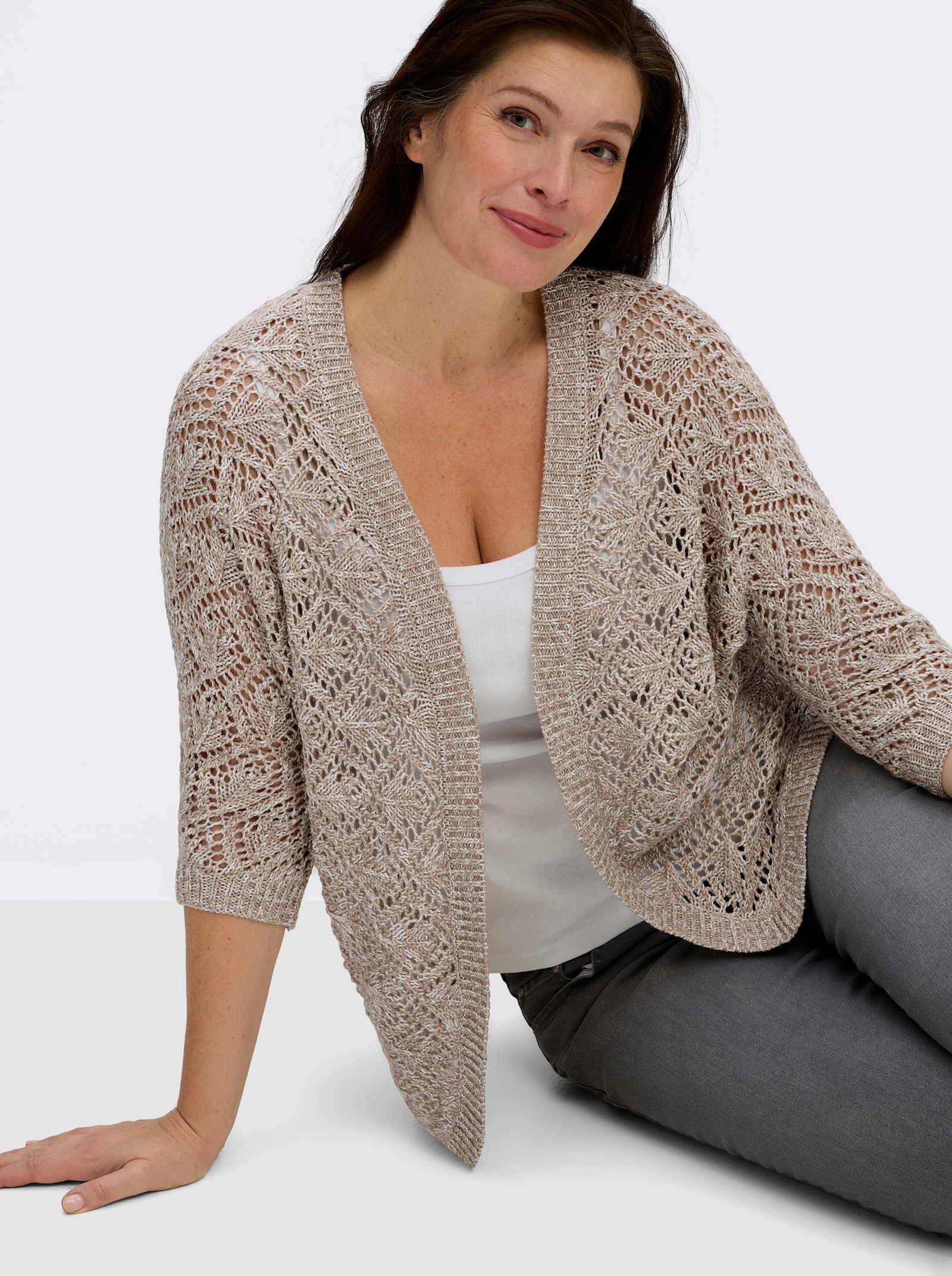 Ajourstrickjacke mit Fledermaus-Ärmeln - sesam-ecru-meliert