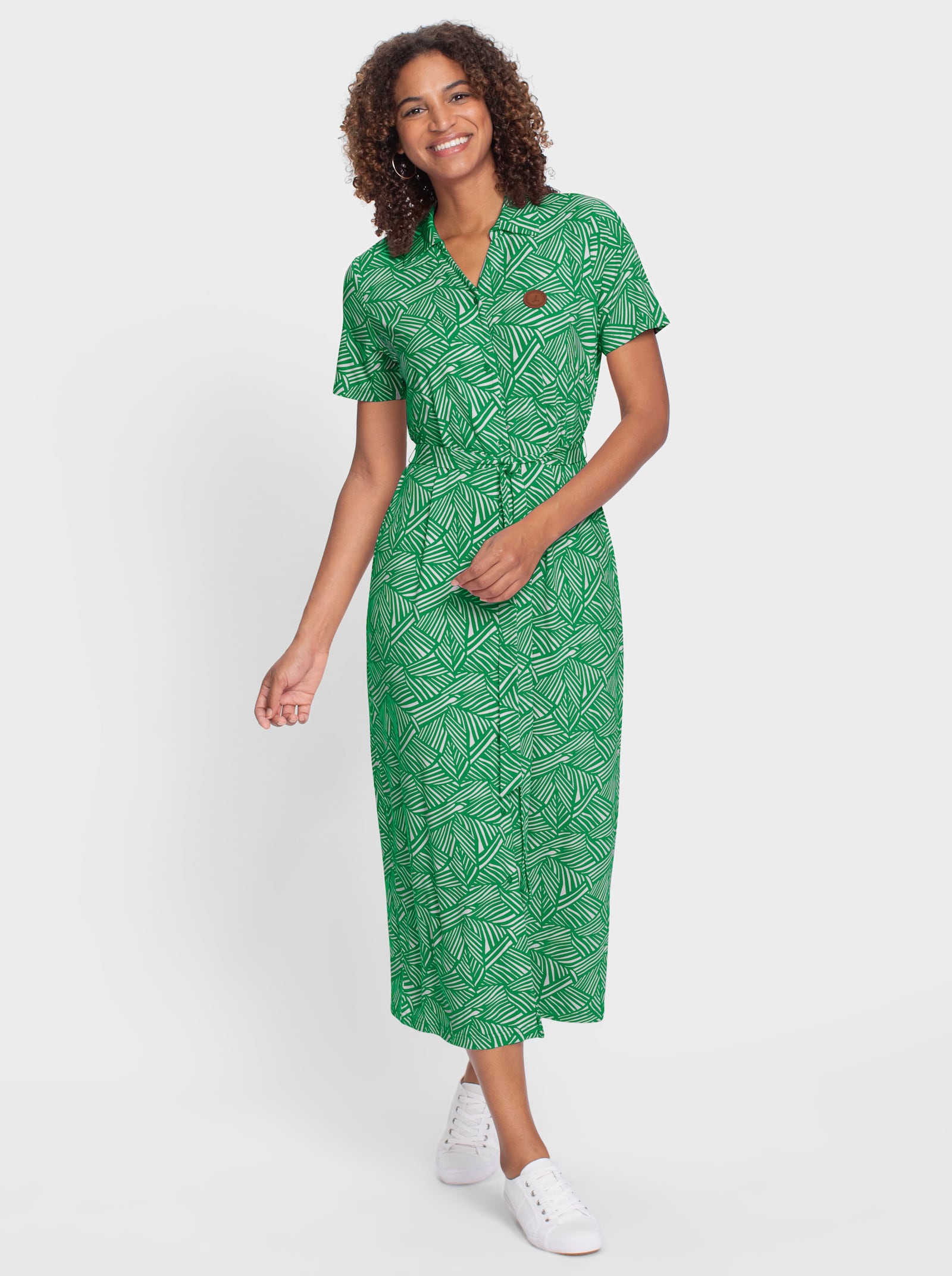 Jerseykleid inklusive Bindegürtel - grasgrün-weiß-bedruckt