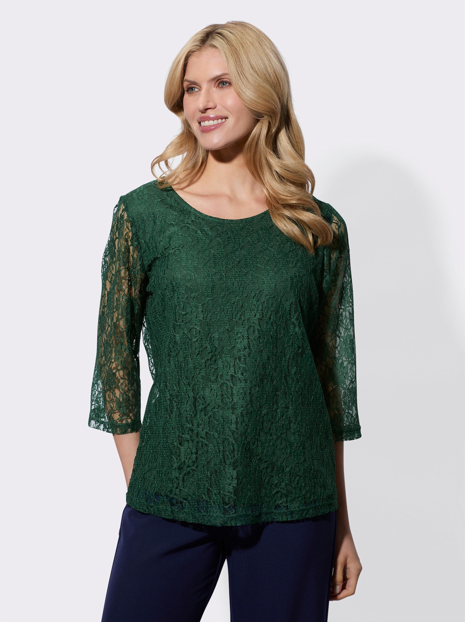 Spitzenshirt mit 3/4-Ärmeln - moos