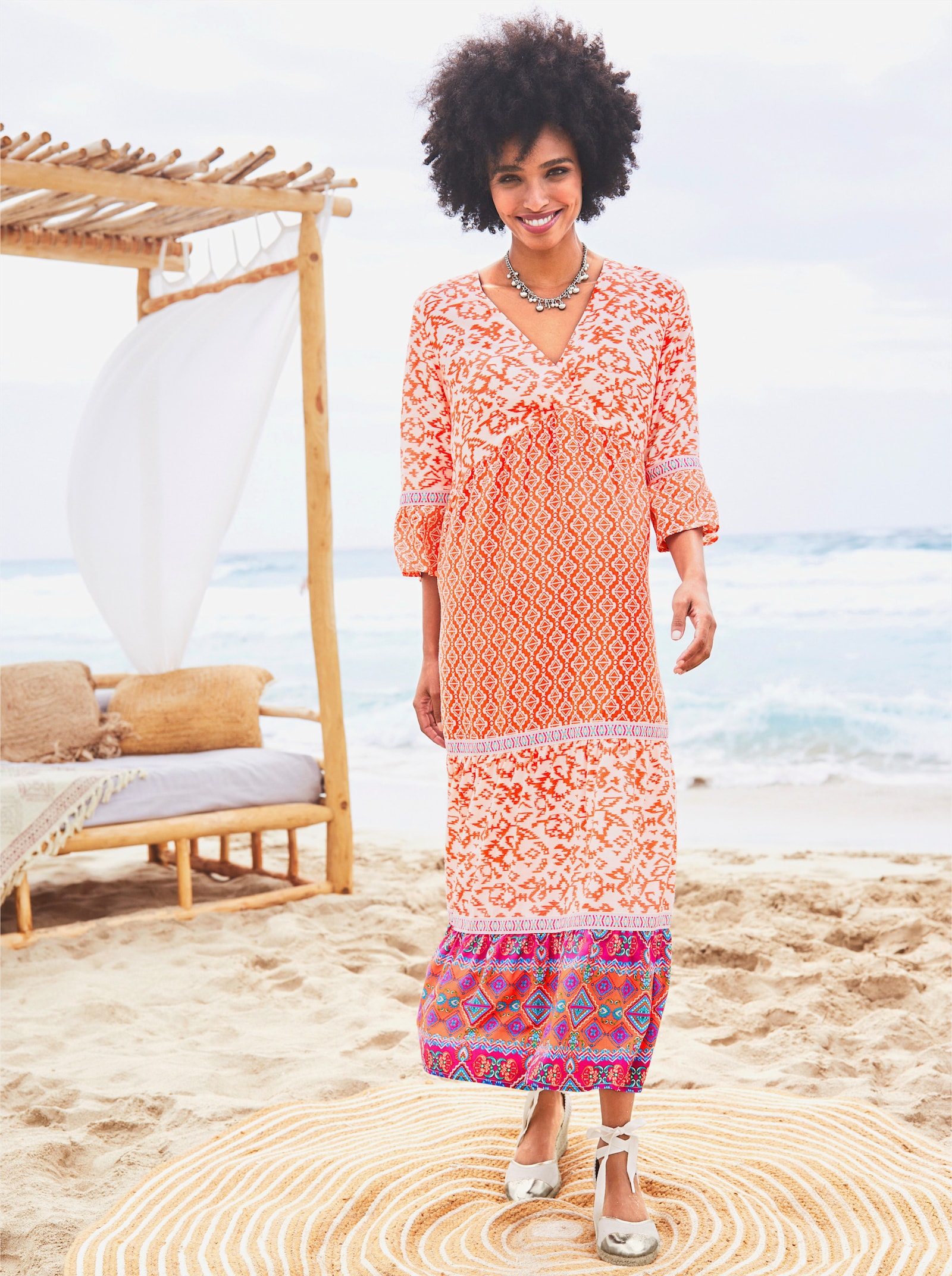 heine Freizeitkleid mit Volant-Ärmeln - orange-champagner-bedruckt