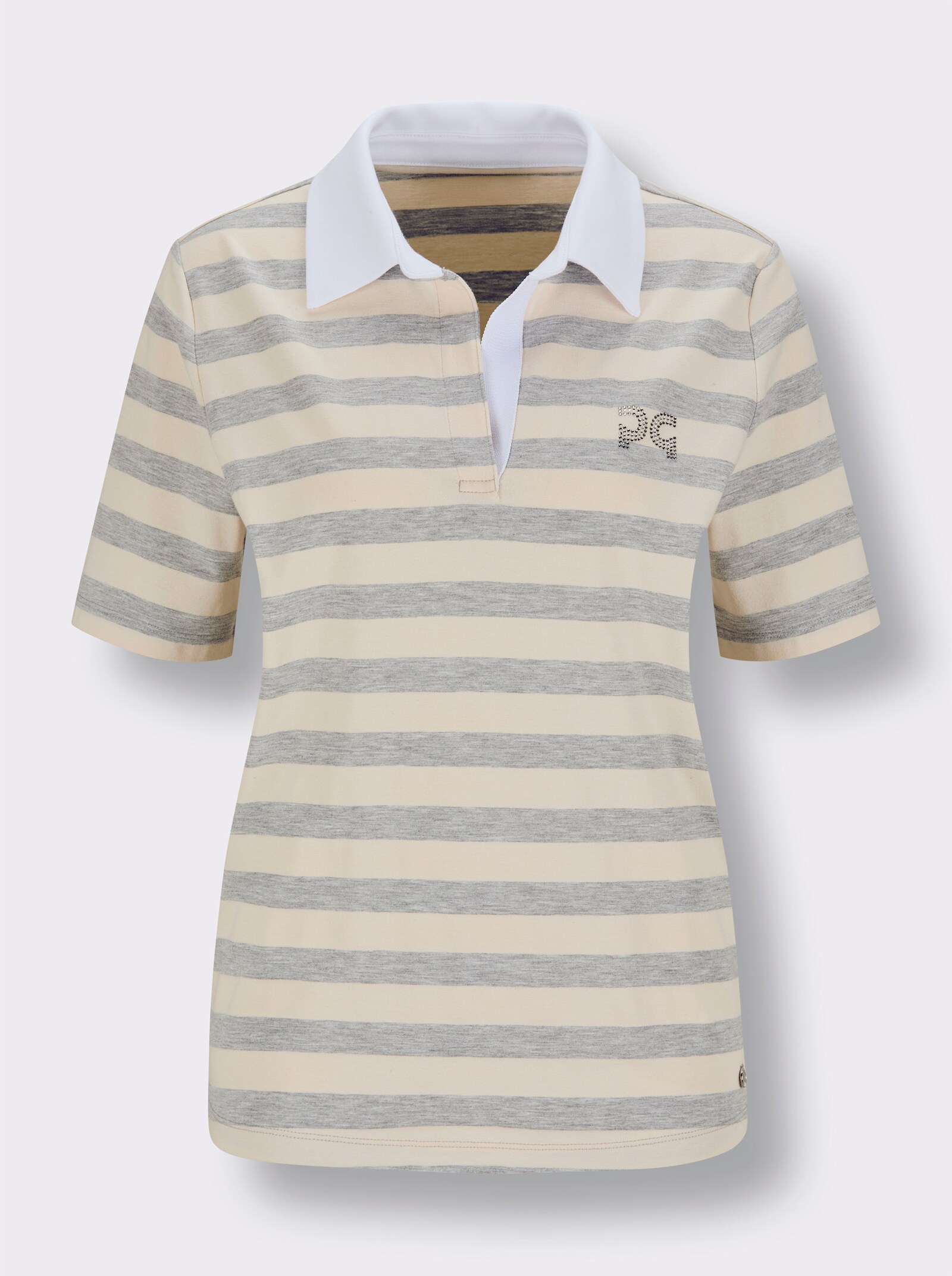 CREATION L PREMIUM Poloshirt mit Schmucksteinchen - hellgrau-champagner-geringelt