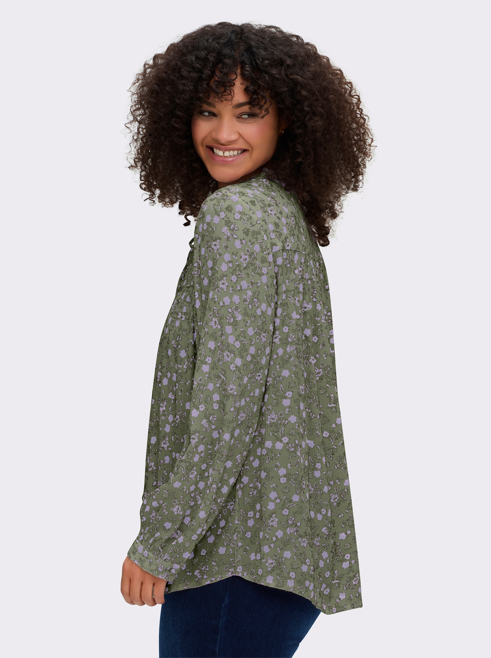 sheego Crêpebluse mit Blümchendruck - khaki-flieder-bedruckt