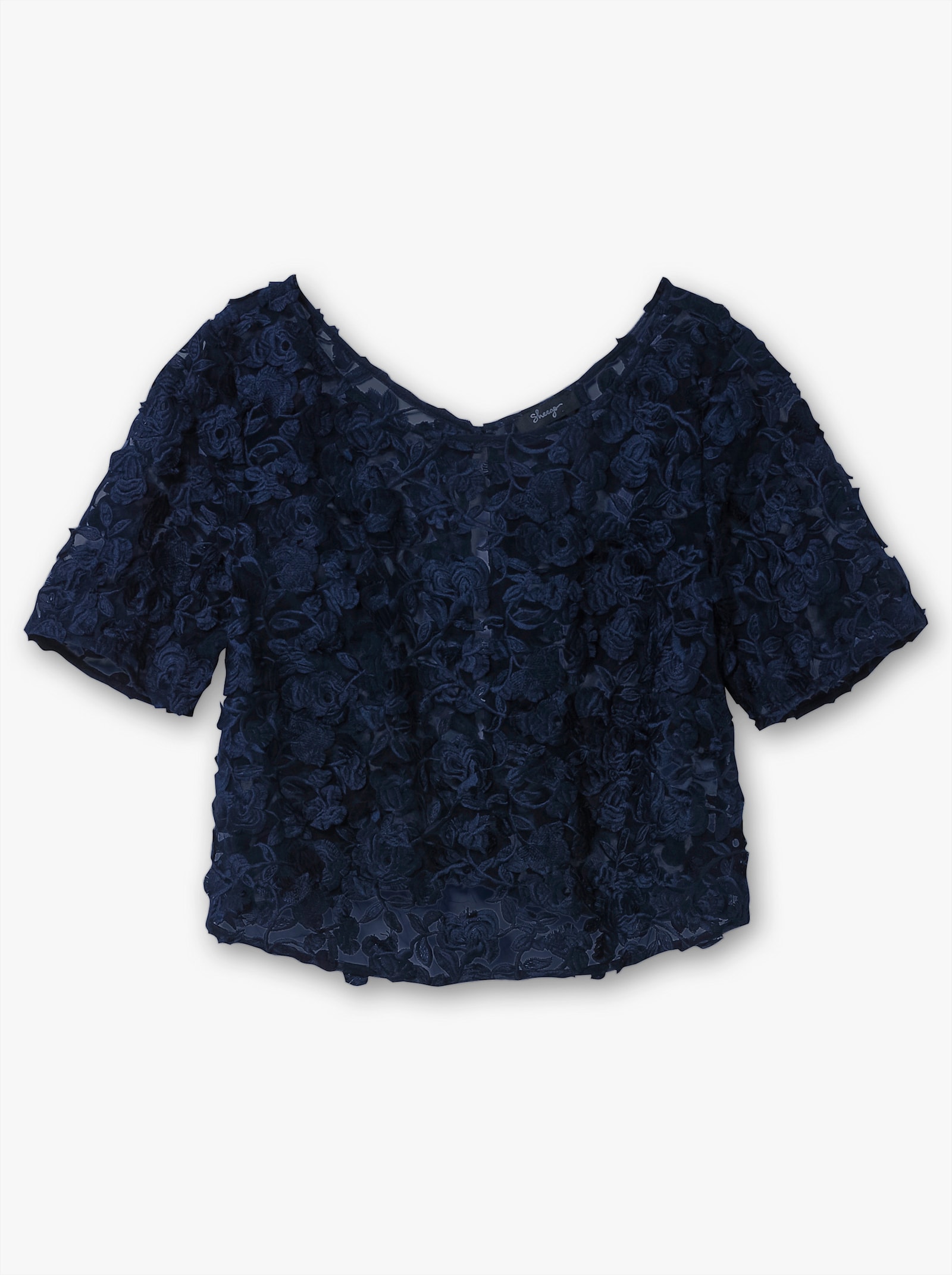 sheego Tunikashirt aus floraler Spitze, hinten offen - marine