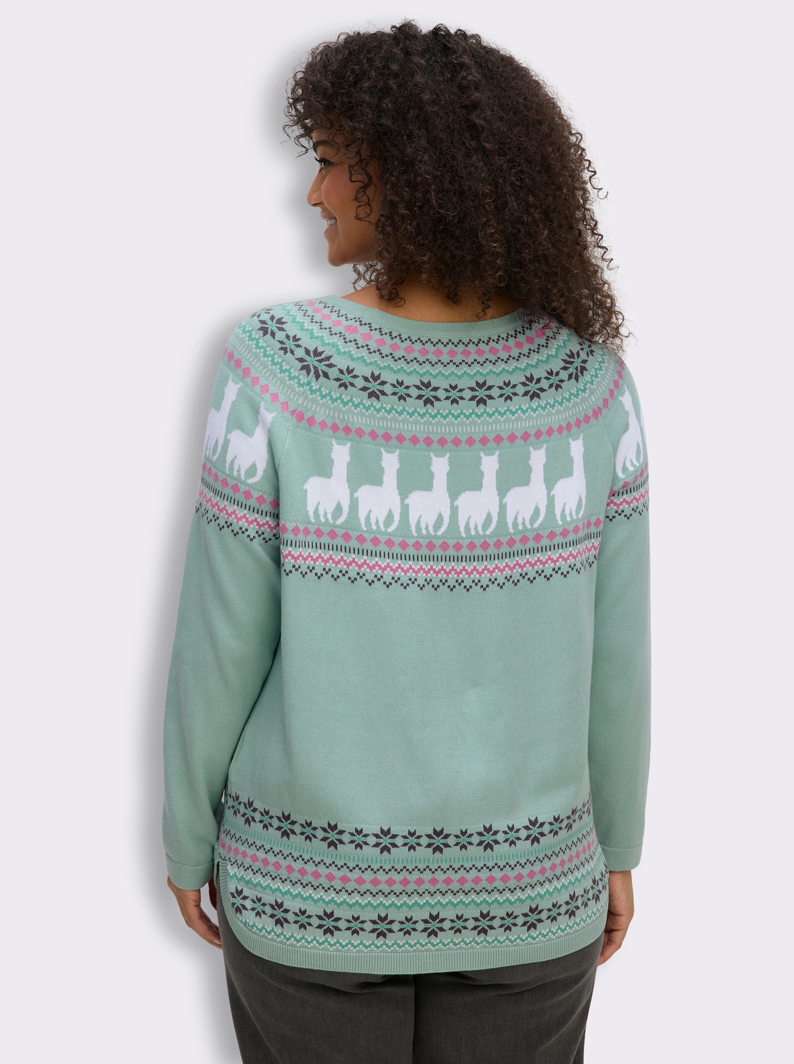 Langarm-Pullover mit Alpaka-Muster - kalkmint-ecru-gemustert