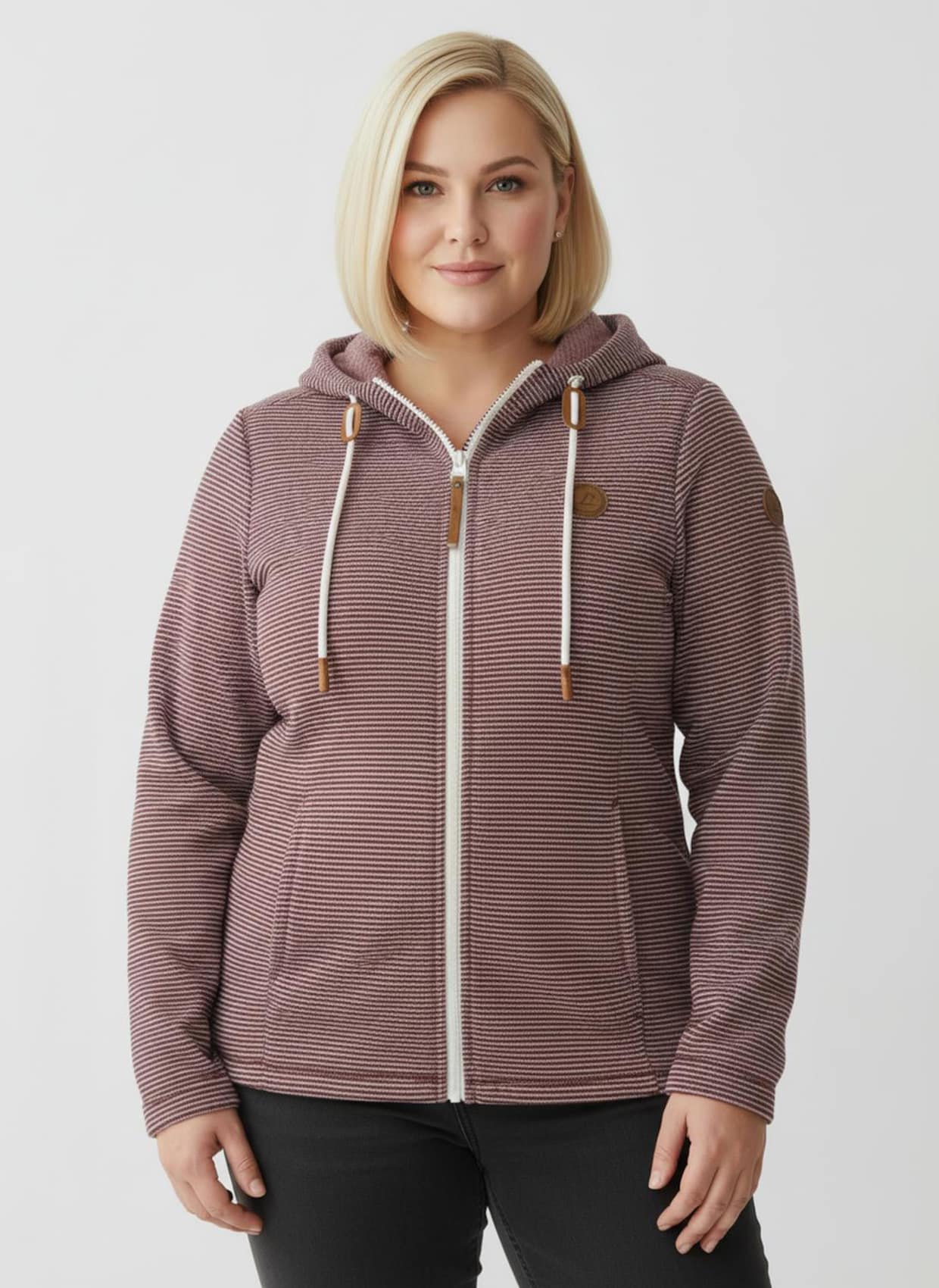 Fleecejacke mit Nahttaschen - rotbraun-ecru-geringelt