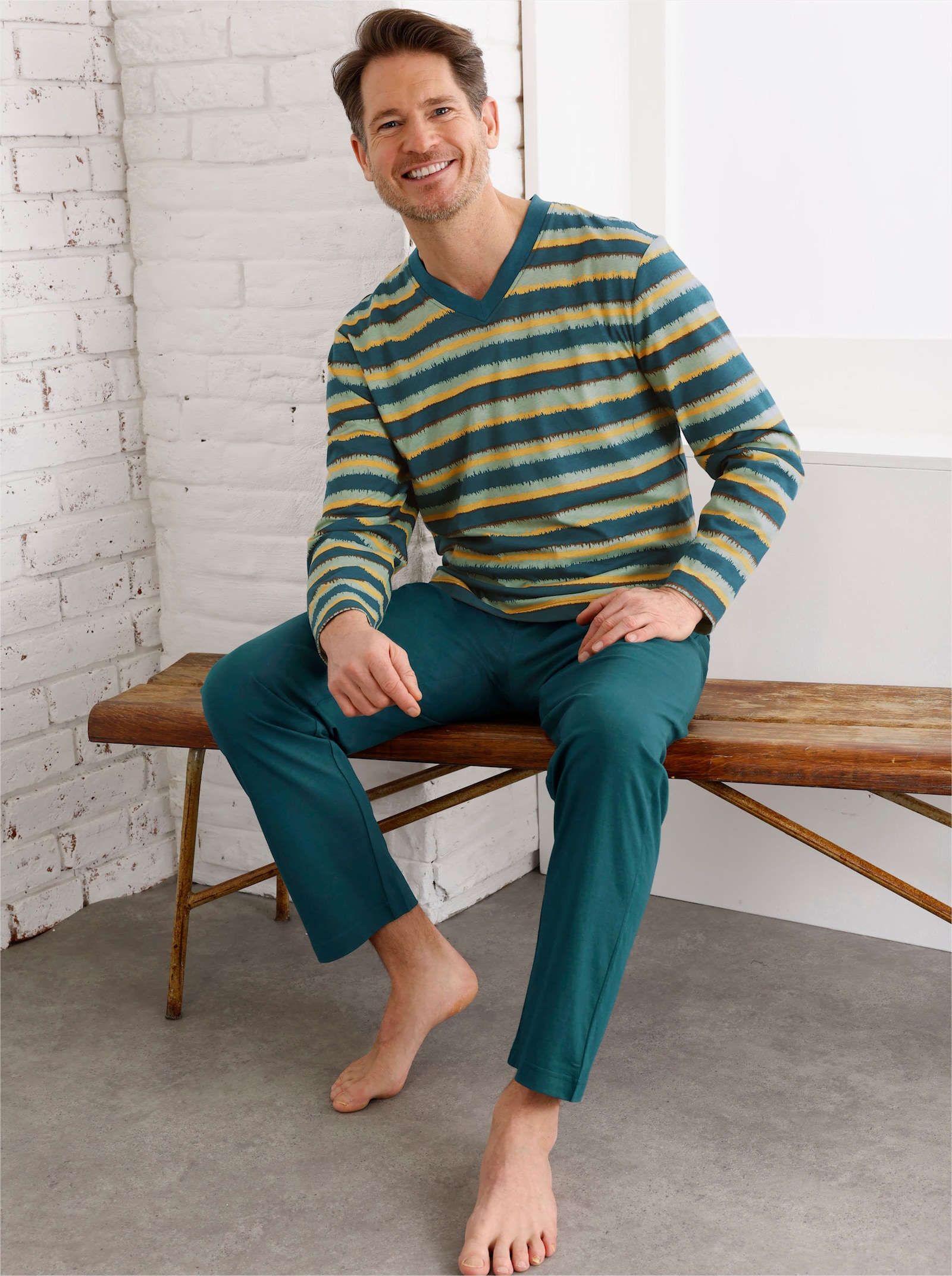 wäschepur men Schlafanzug - petrol-eucalyptus-bedruckt