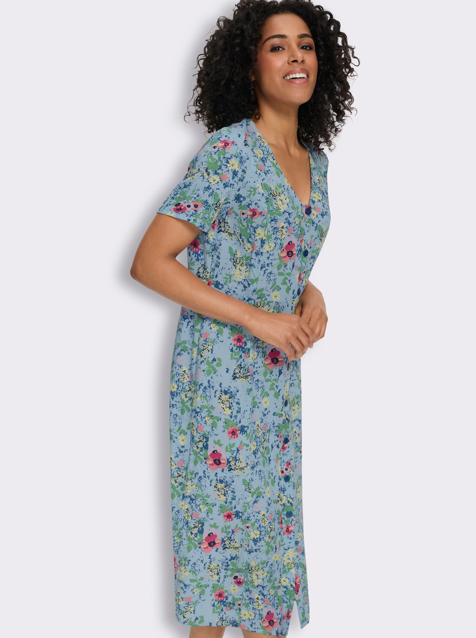 Blumenkleid aus reiner Viskose - eisblau-zitrone-bedruckt