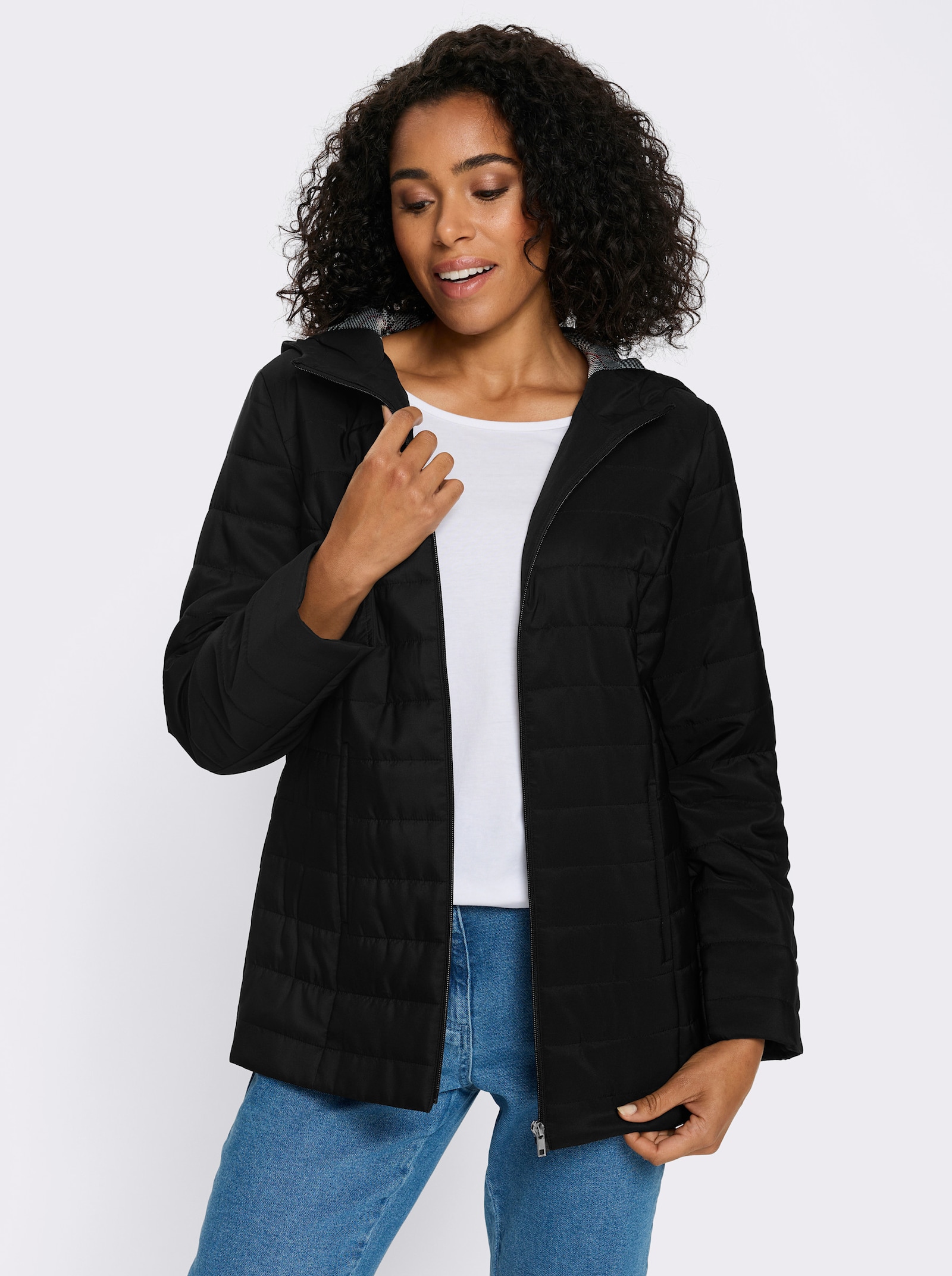 Steppjacke mit bedrucktem Futter - schwarz