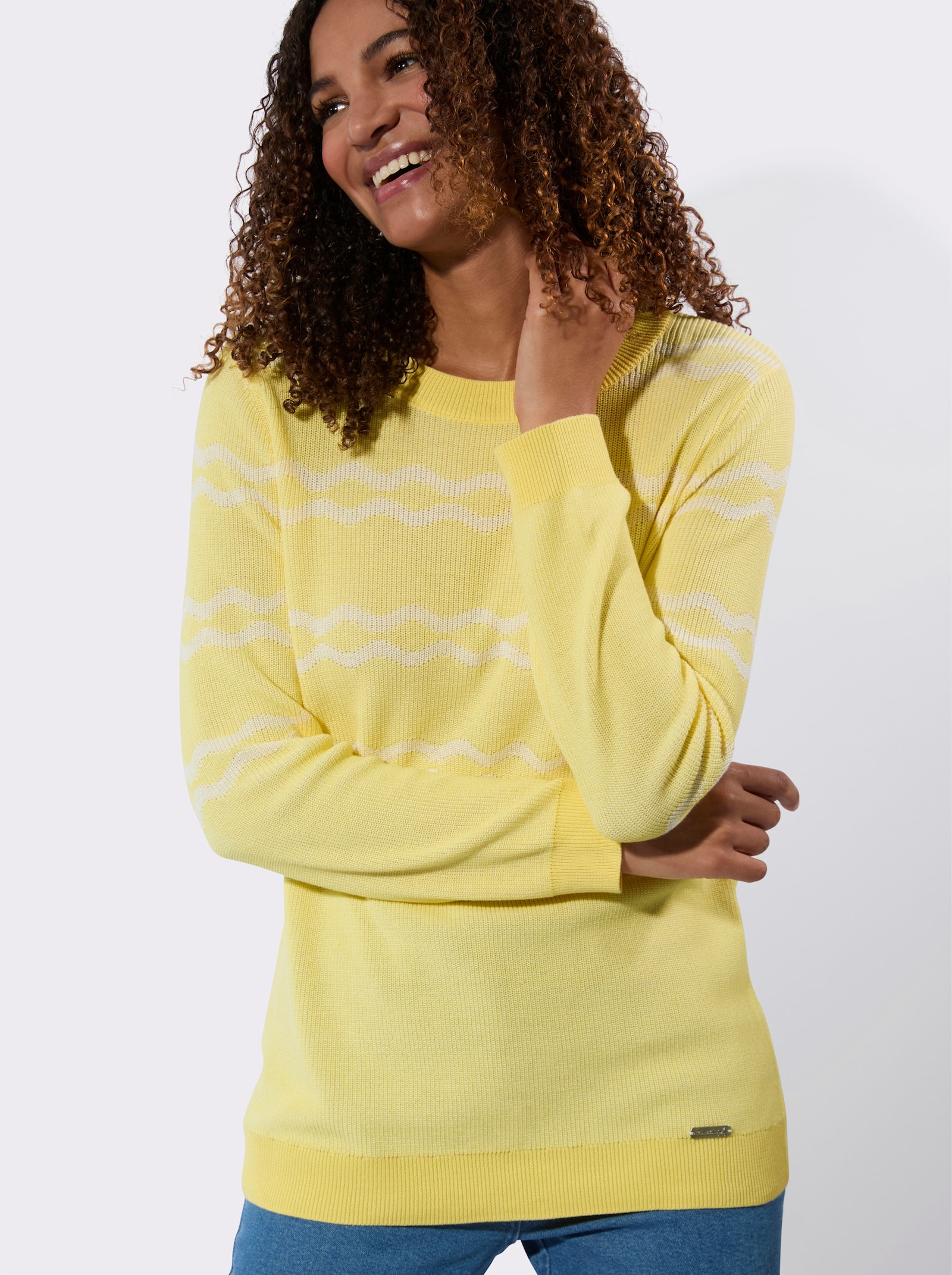 Pullover met ronde hals en geruit jacquardpatroon - citroen gemêleerd