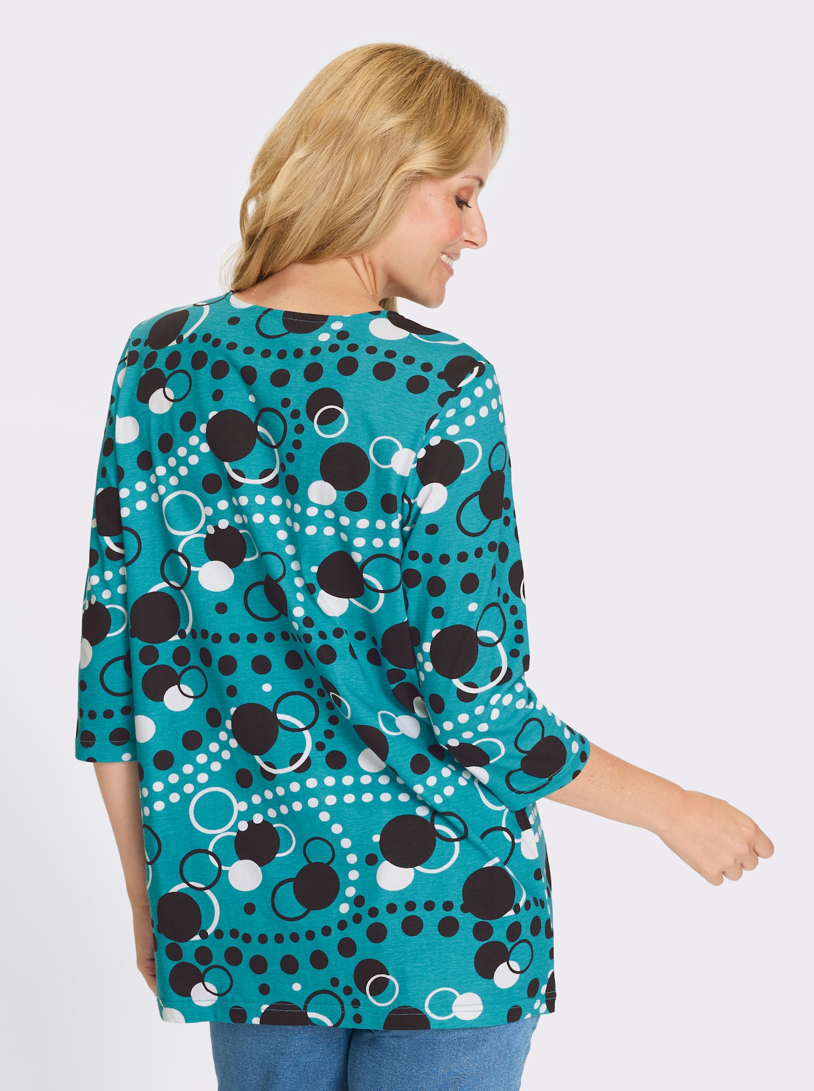 Longshirt in leicht ausgestellter Form - türkis-schwarz-bedruckt