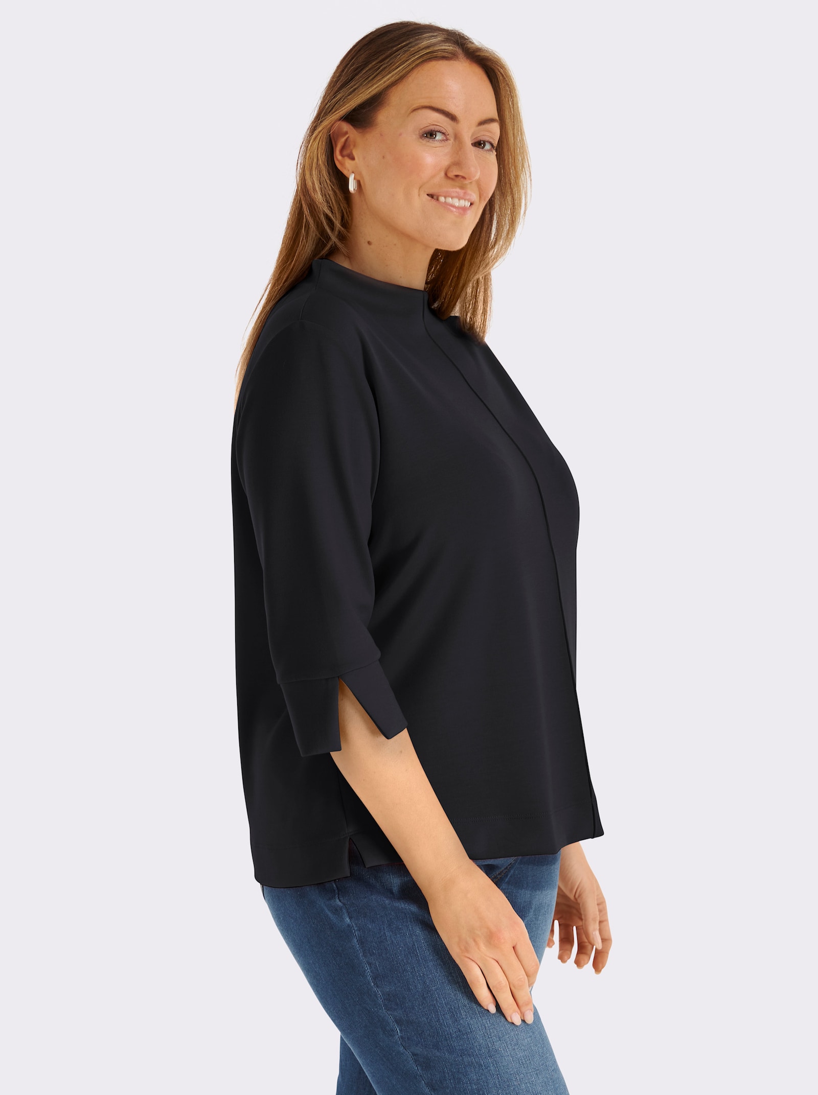 Stehkragenshirt mit 3/4-Ärmeln - schwarz