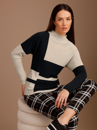 CREATION L PREMIUM Stehkragenpullover mit Intarsien-Dessin - elfenbein-schwarz-gemustert