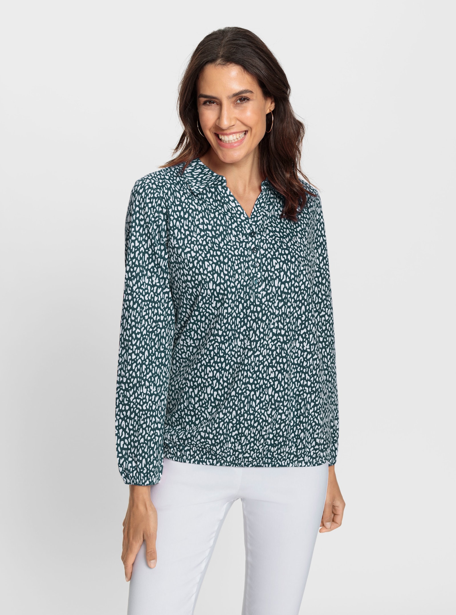 Langarmshirt mit Gummibündchen, bedruckt - petrol-weiss-bedruckt