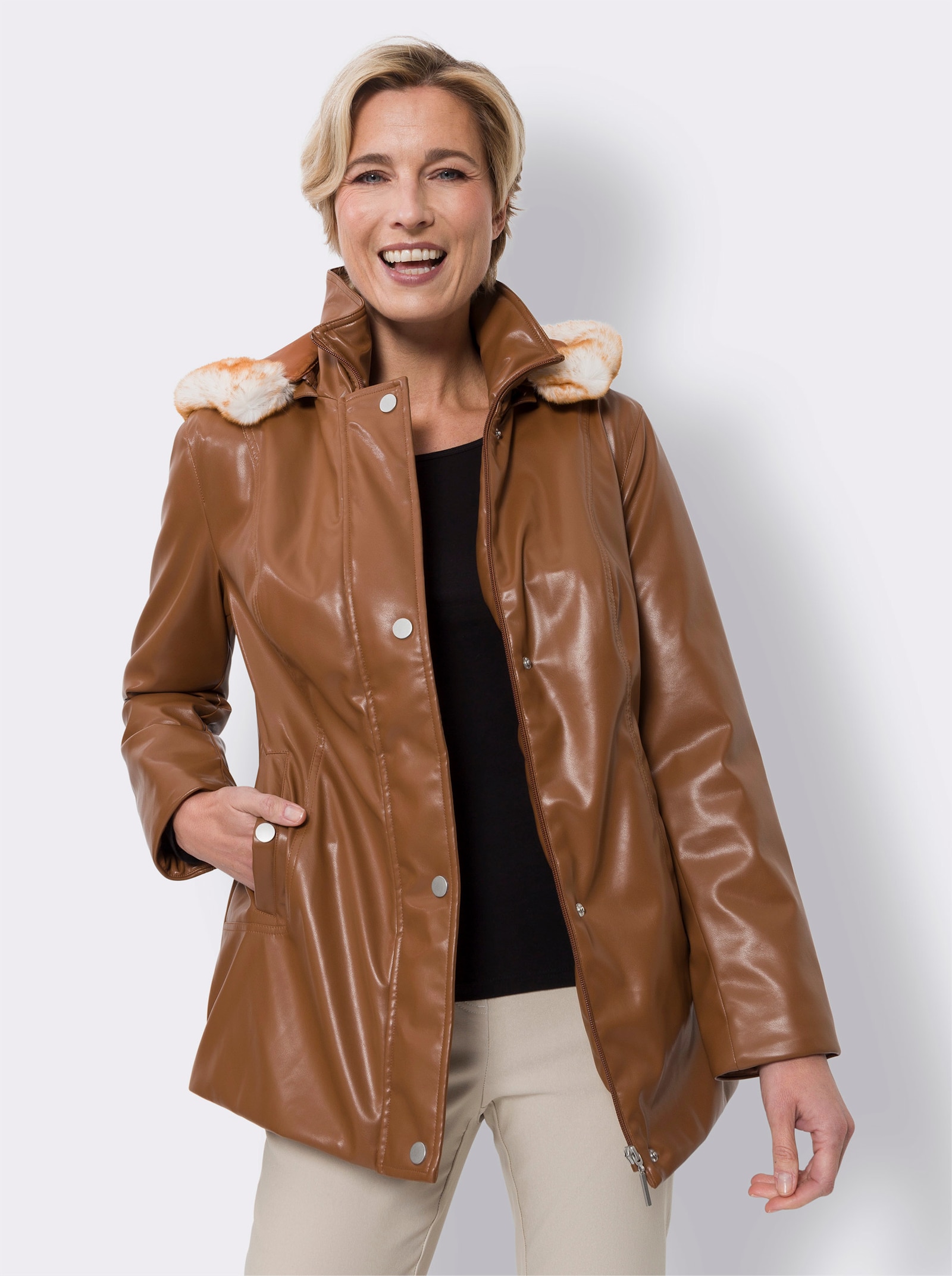 Lederimitatjacke mit Pelz-Imitat-Besatz - cognac