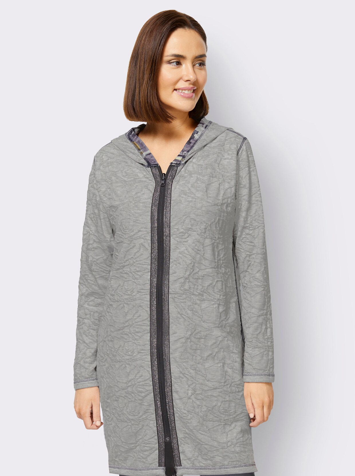 Strickjacke - hellgrau-ocker-bedruckt
