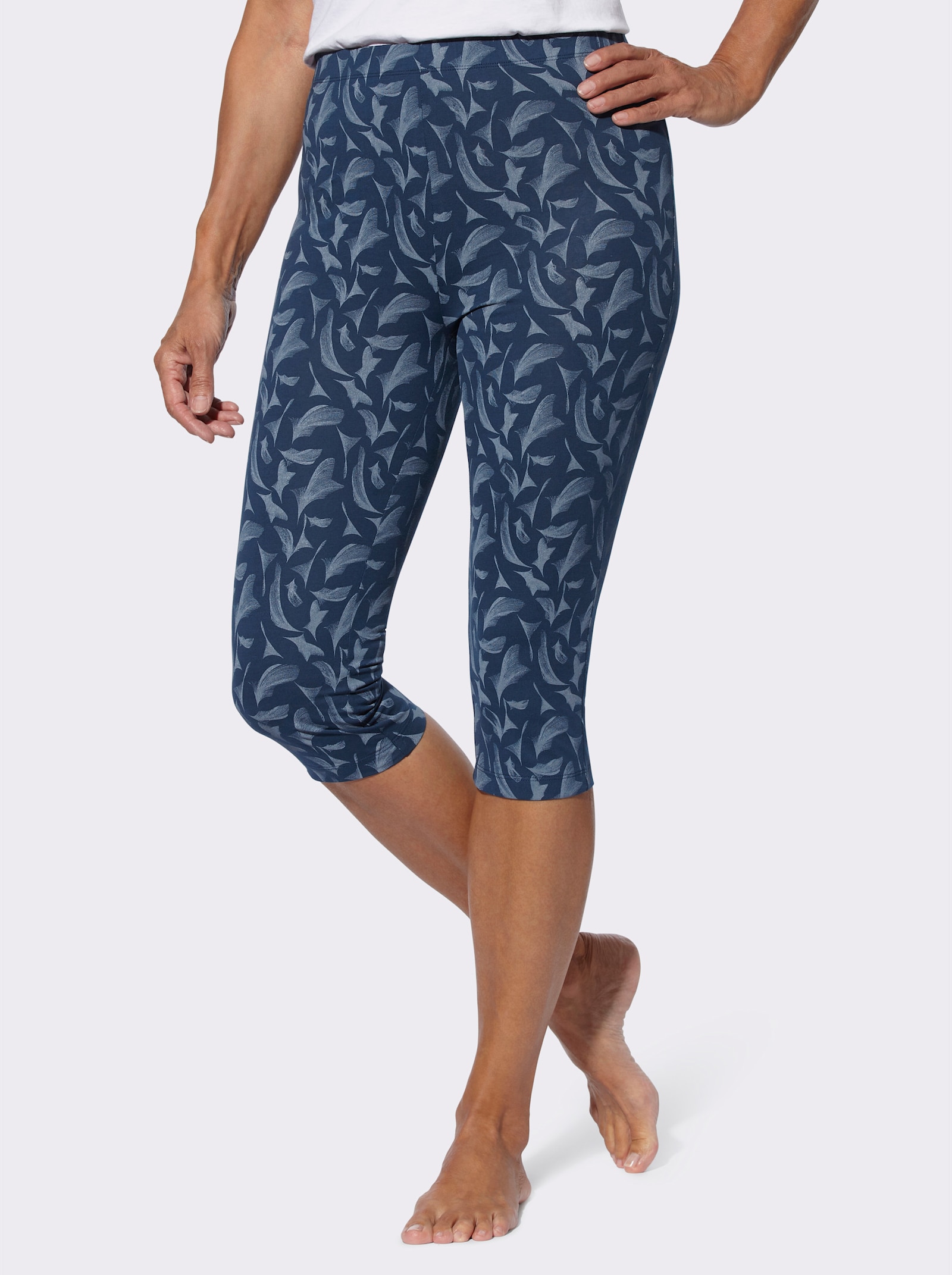 Capri legíny z bavlny, elastické - tmavomodro-dym. modrá potlač