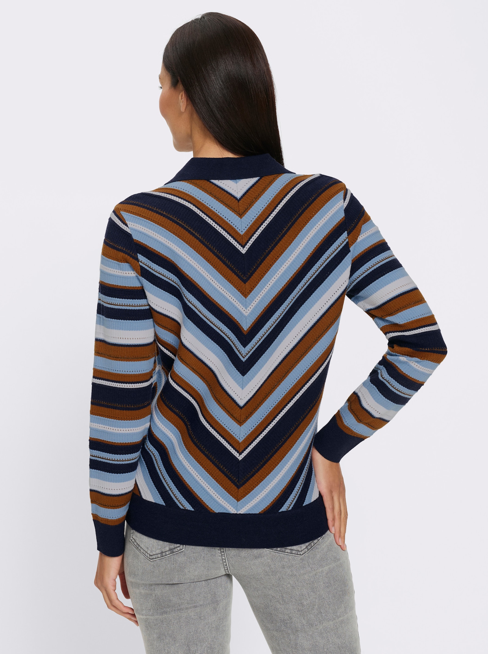 heine Polopullover im Ajourstrick - marine-bleu-gestreift