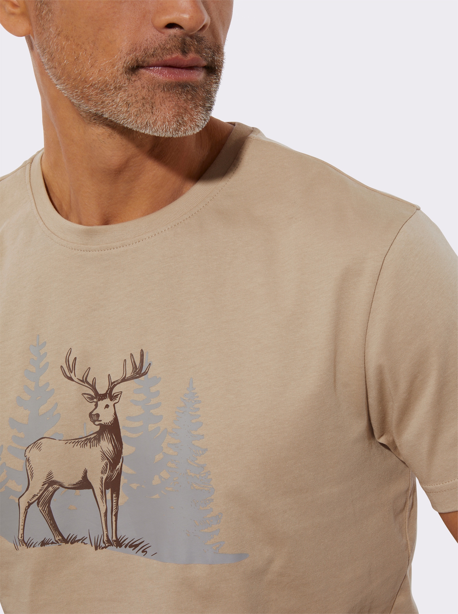 Shirt met korte mouwen en op dessin geplaatste hertenprint - beige