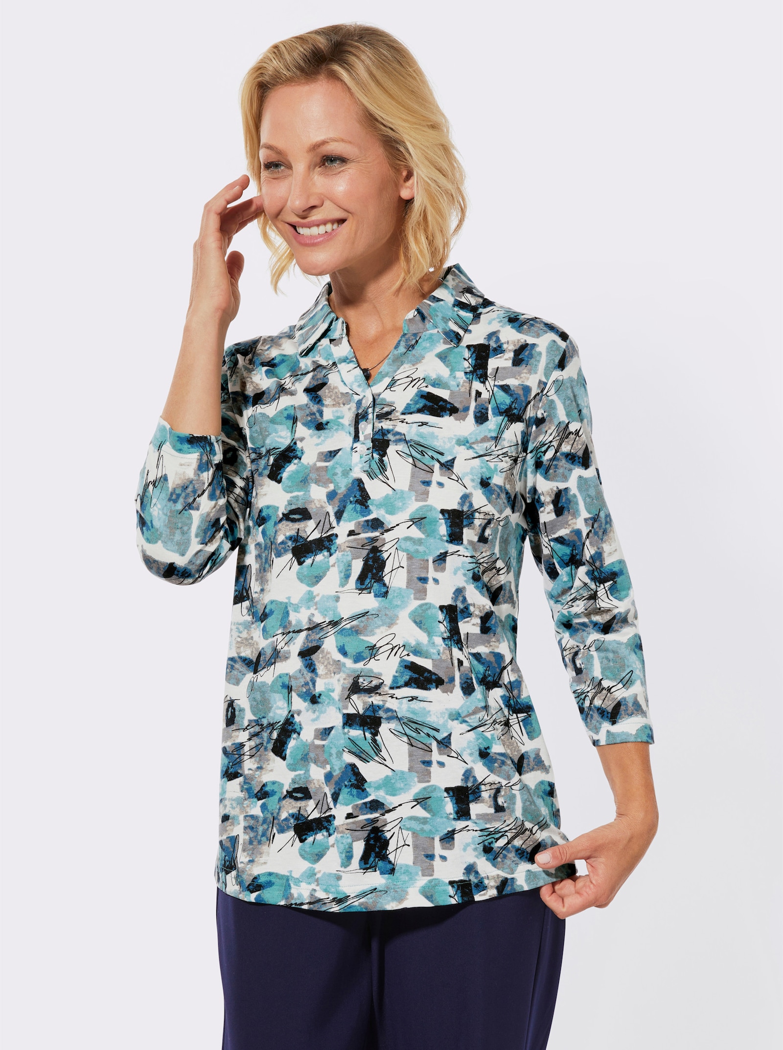 Poloshirt mit 3/4-Ärmeln - kalkmint-sesam-bedruckt