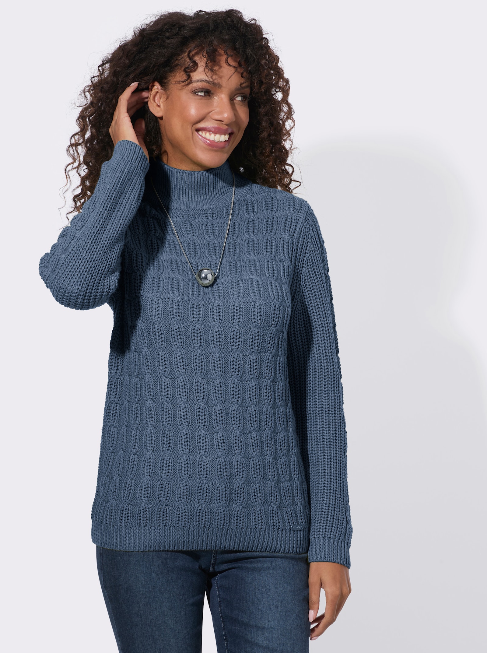 Stehkragenpullover mit elastischen Rippbündchen - rauchblau