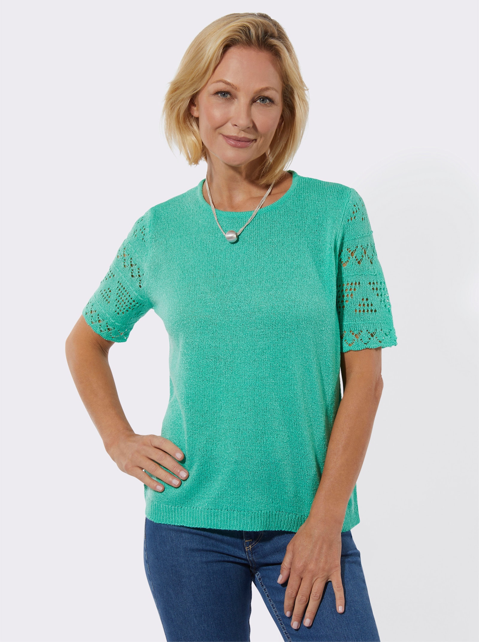 Bouclé-Pullover im Ajourdessin - blaugrün