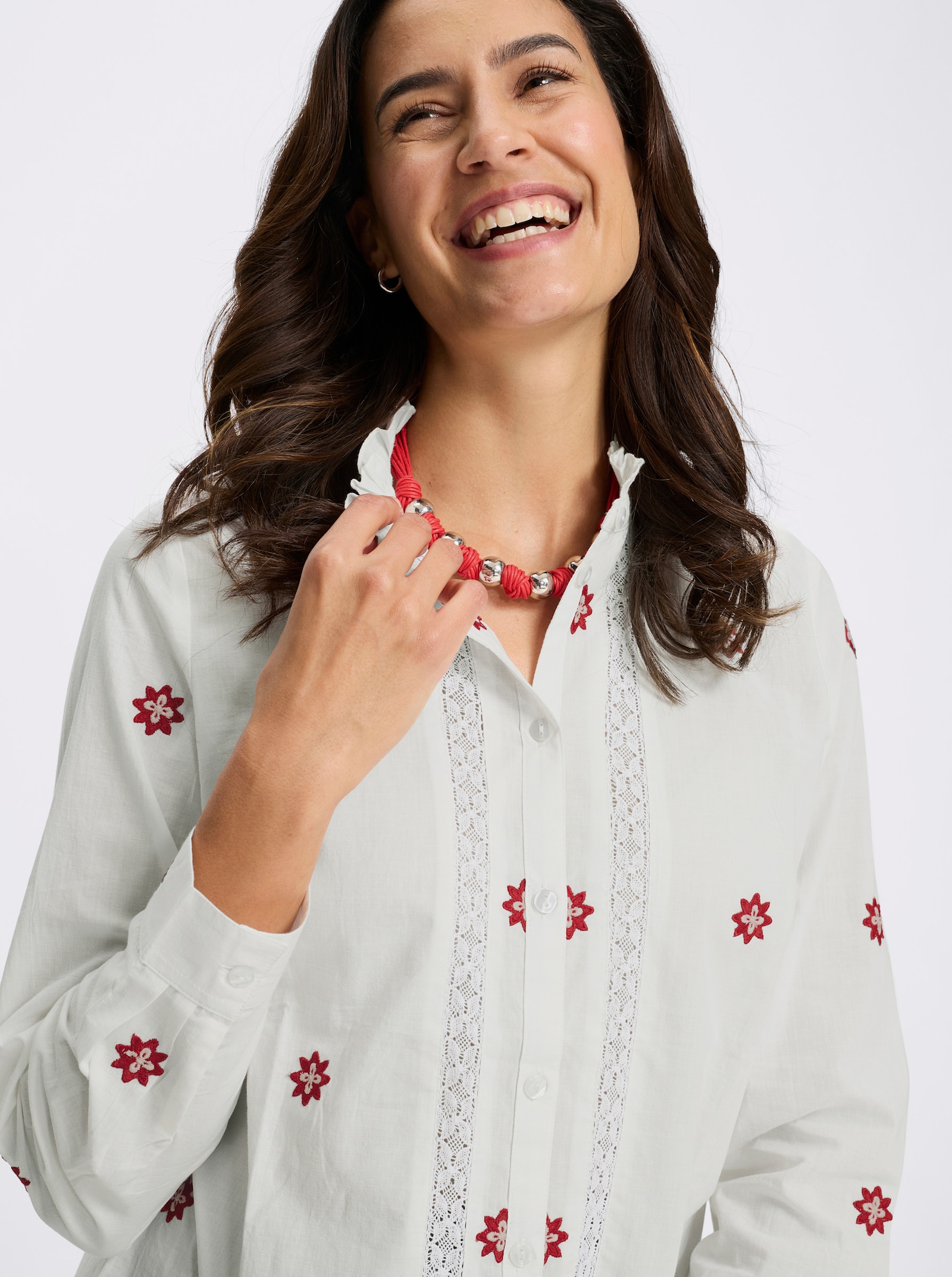 Spitzenbluse - ecru-dunkelrot-gemustert