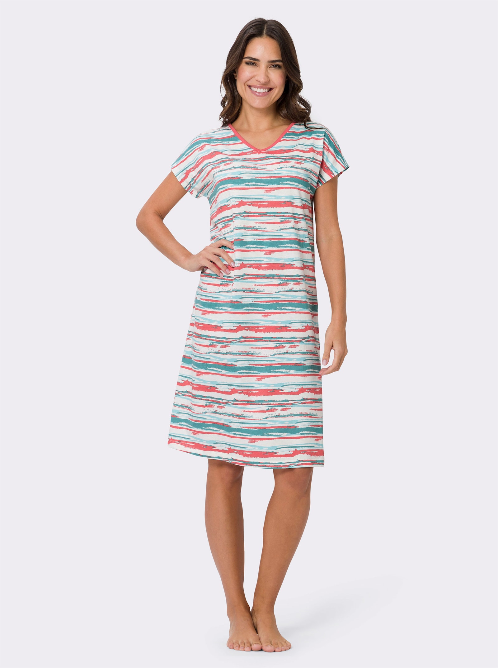 Nachthemd met op dessin geplaatste folieprint, puur katoen - ecru/koraal