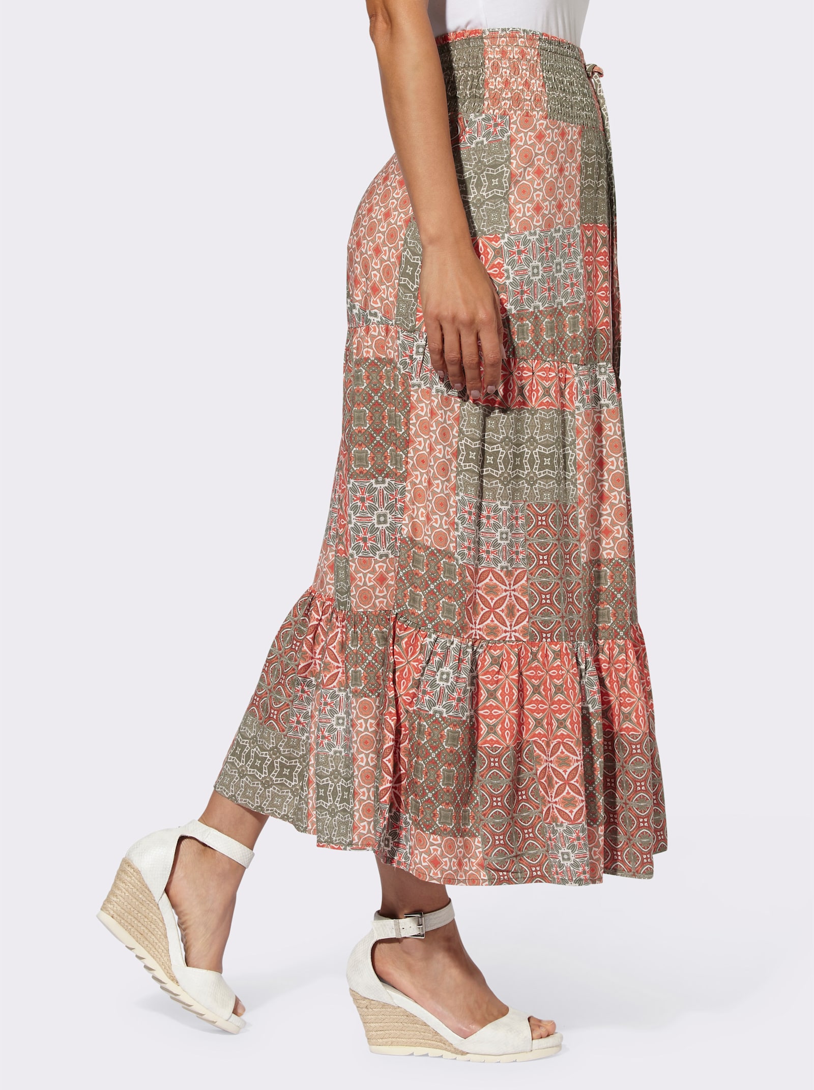 Stufenrock mit Smok-Bund - papaya-khaki-bedruckt