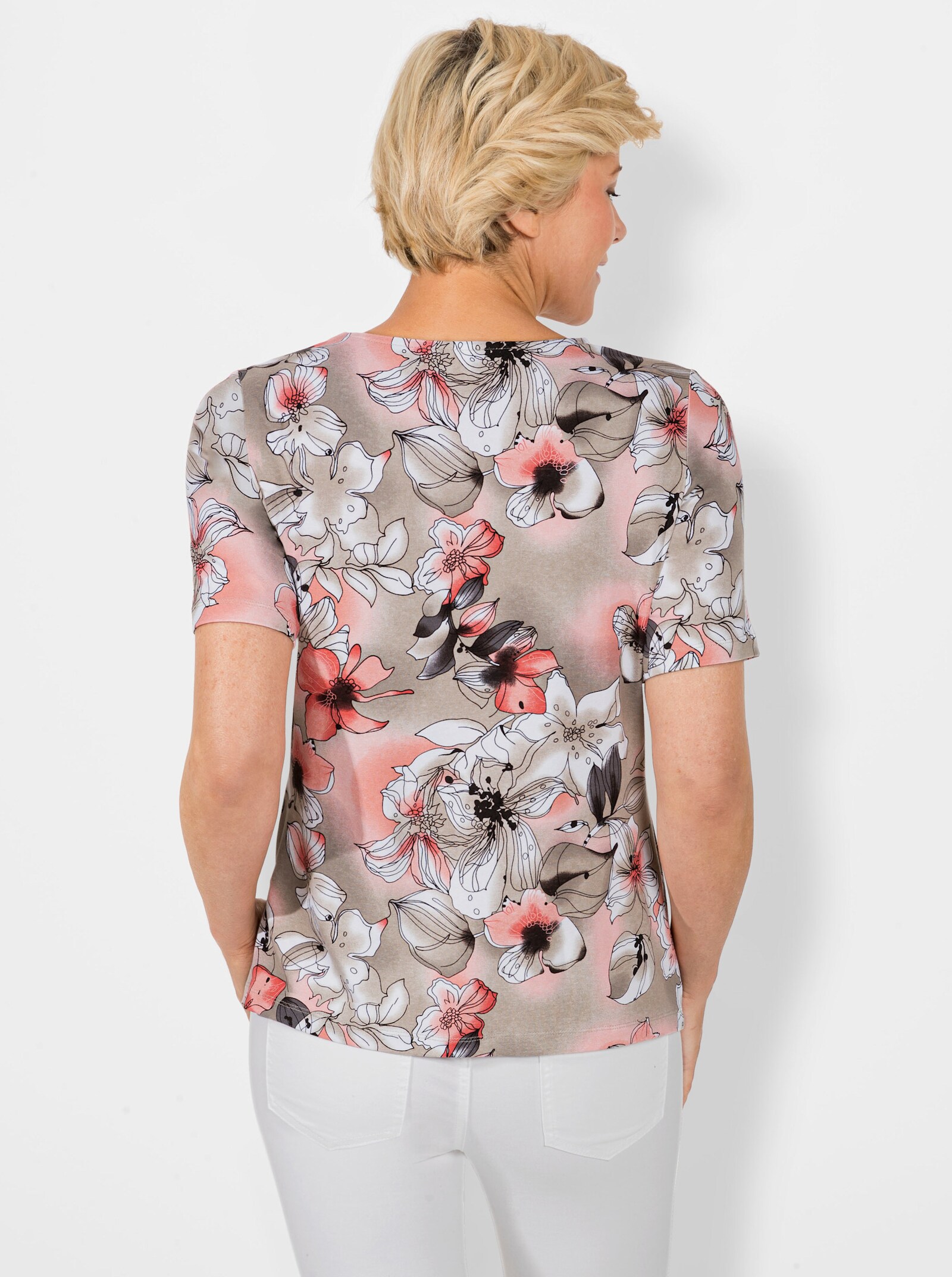 Kurzarmshirt in Viskose-Qualität - grapefruit-taupe-bedruckt