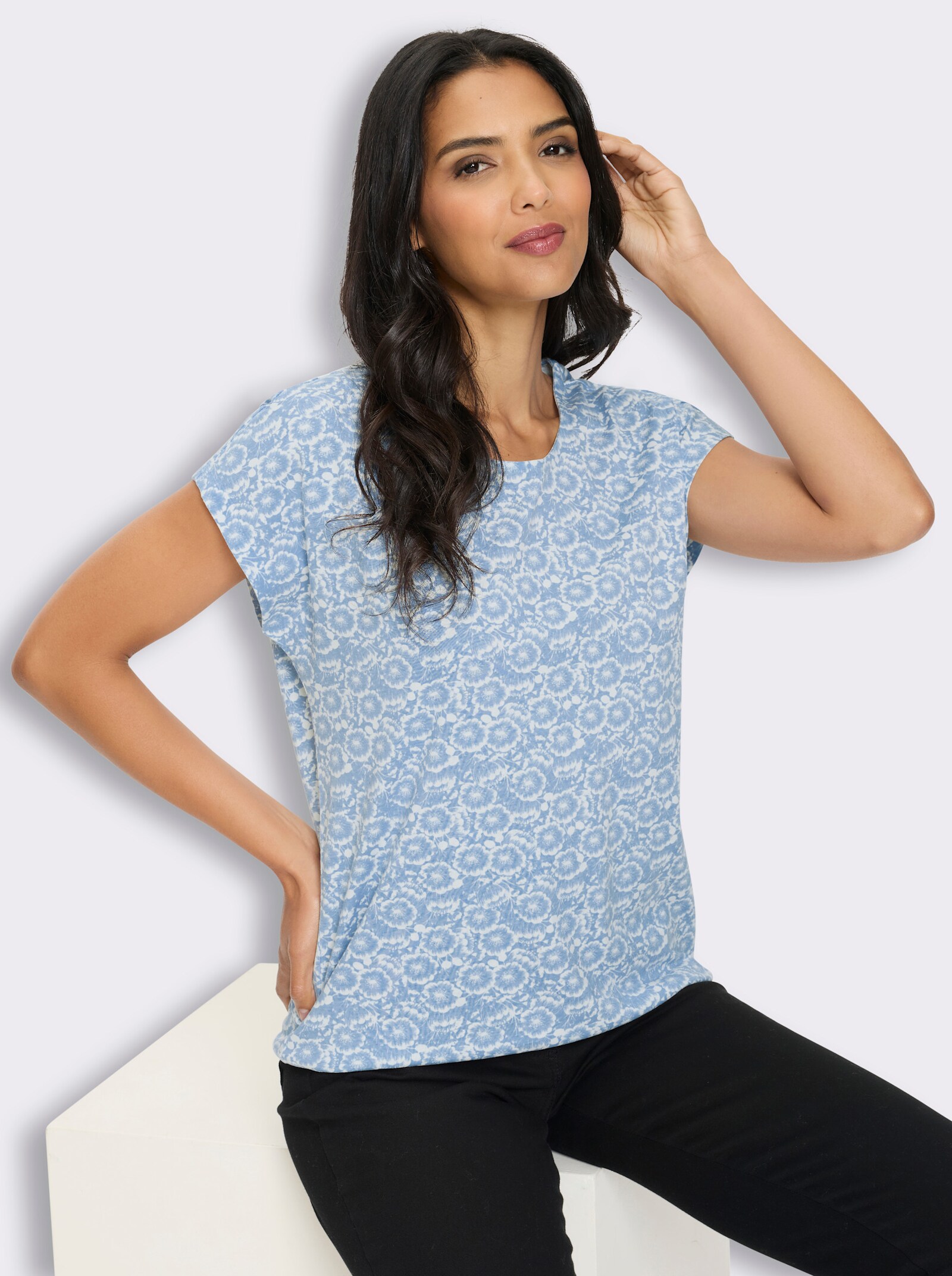 Kurzarmshirt mit Blumen-Druck - eisblau-ecru-bedruckt