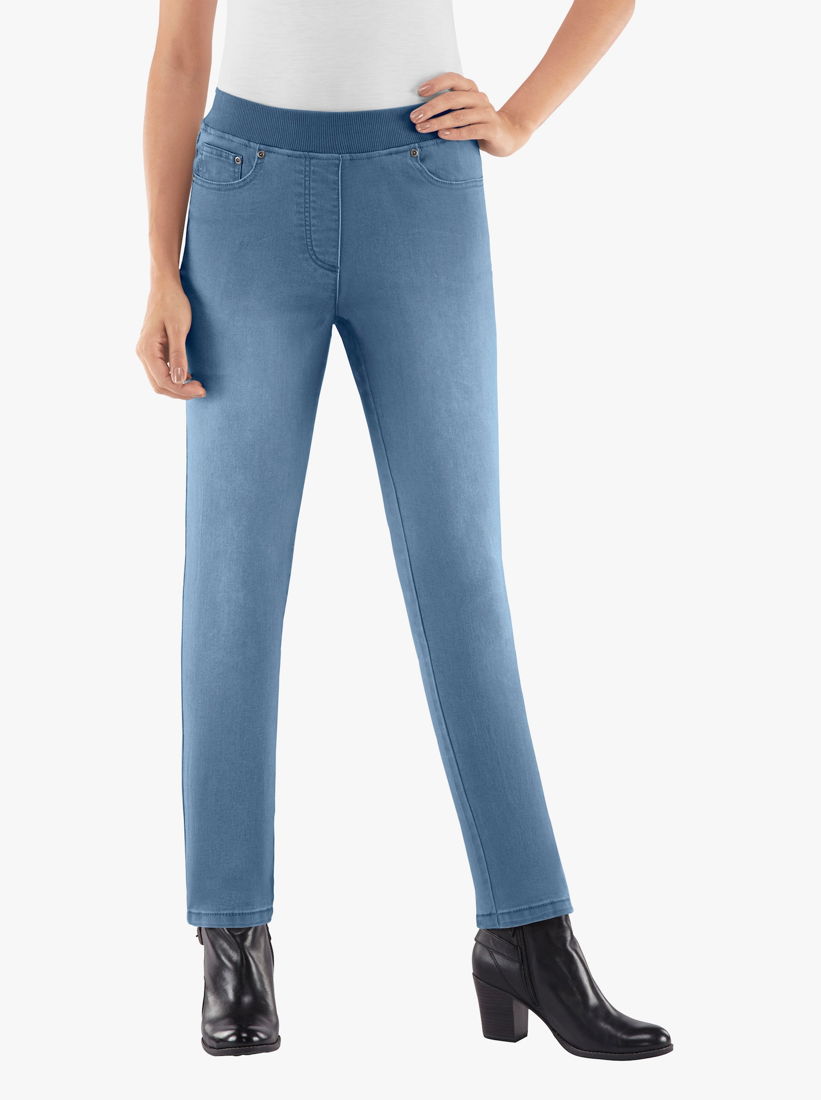 Schlupfjeans mit geripptem Strick-Dehnbund - blue-bleached