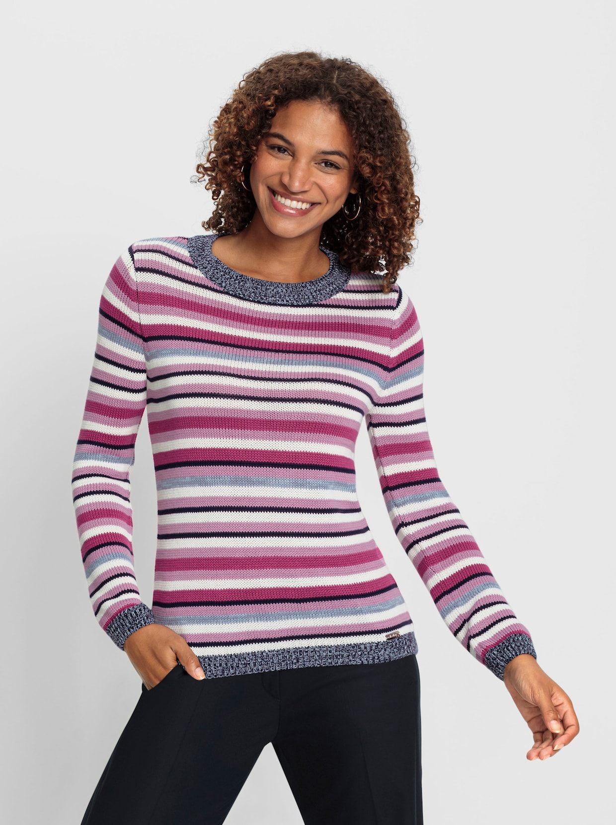 Langarm-Pullover - marine-magenta-geringelt