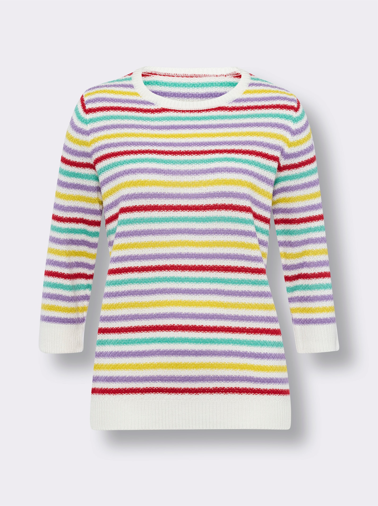 Pulóver, pruhy, ažúrové prvky - écru-jahodové pruhy