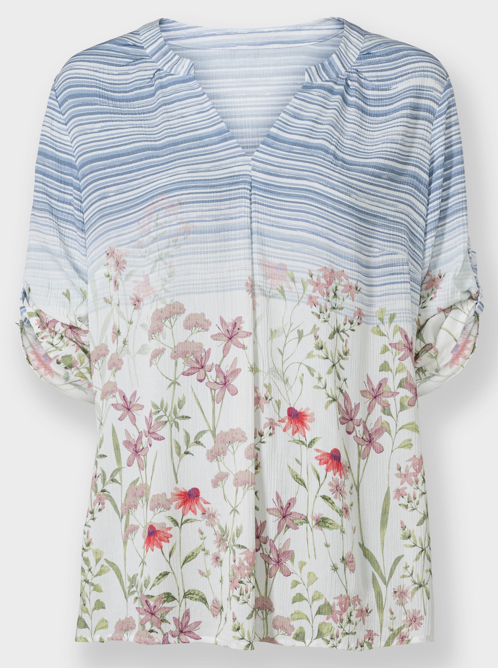 Druckbluse in Crash-Qualität - hortensie-bleu-bedruckt