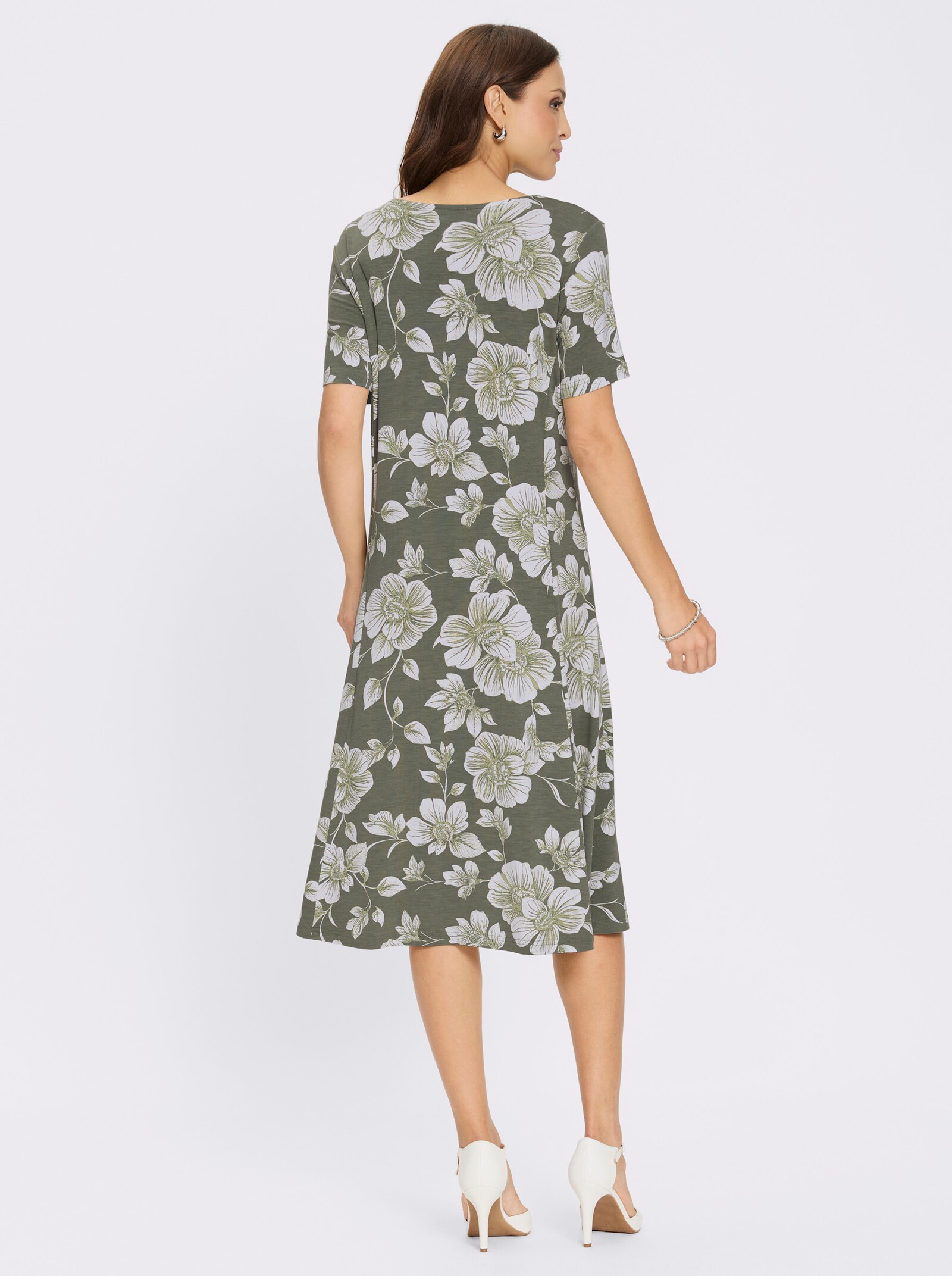 Jerseykleid in A-Linie - khaki-weiß-bedruckt