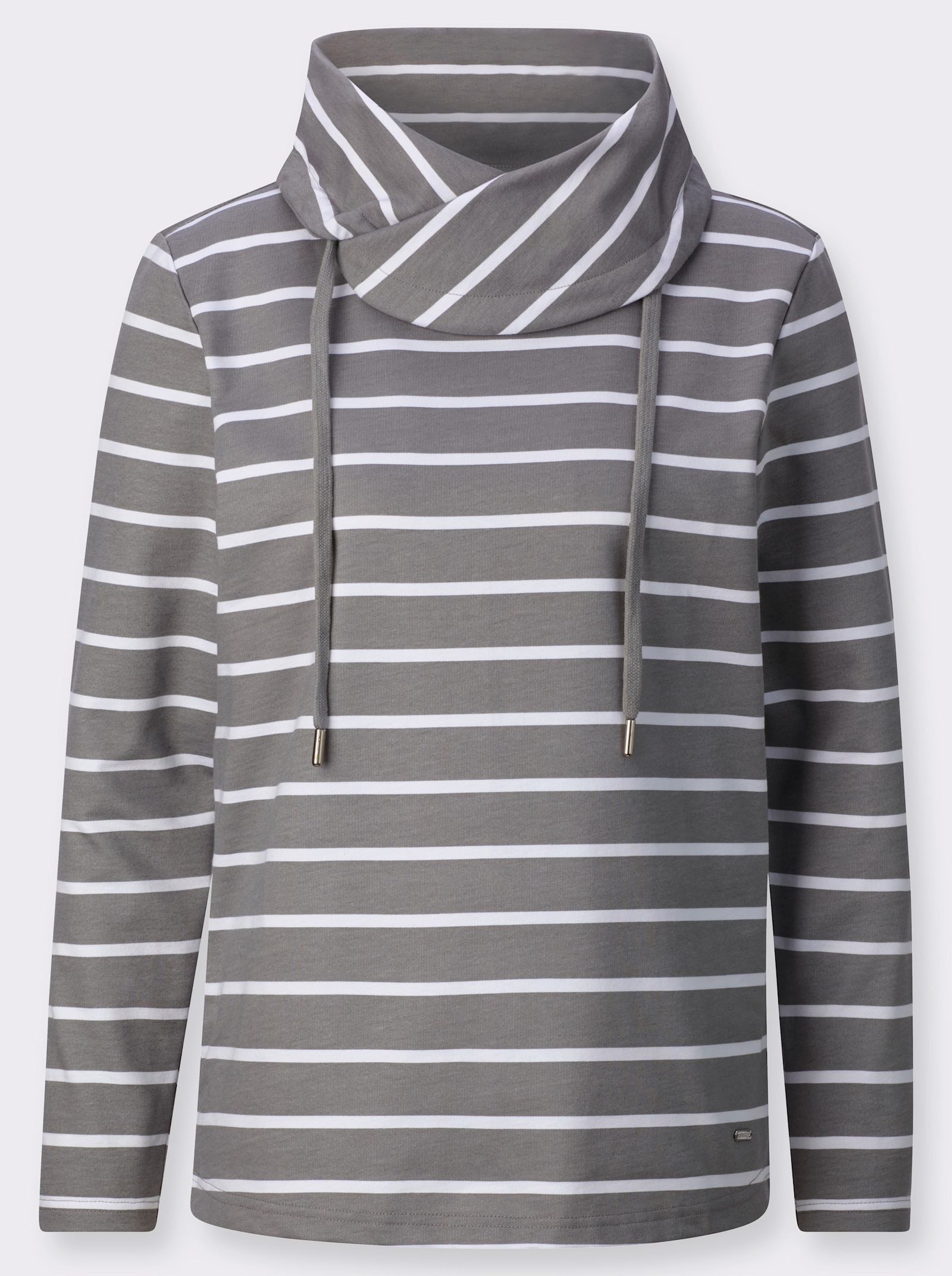 Sweatshirt mit überlappendem Rollkragen - grau-weiß-geringelt