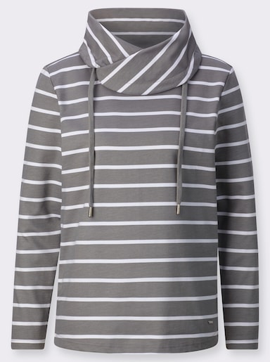 Sweatshirt mit überlappendem Rollkragen - grau-weiß-geringelt