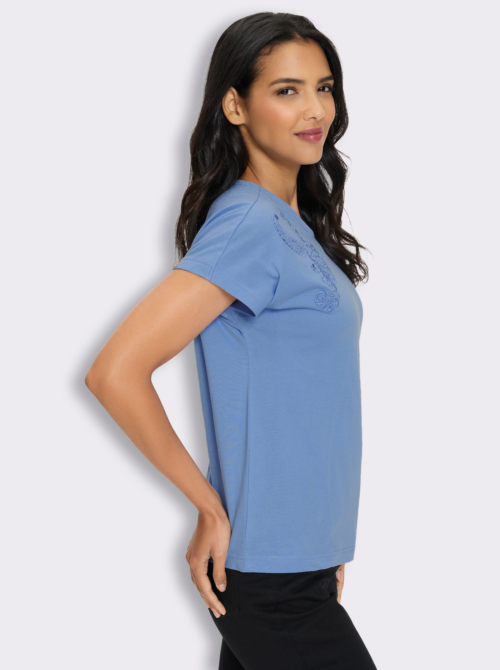 Kurzarmshirt mit Blumen-Stickerei - himmelblau