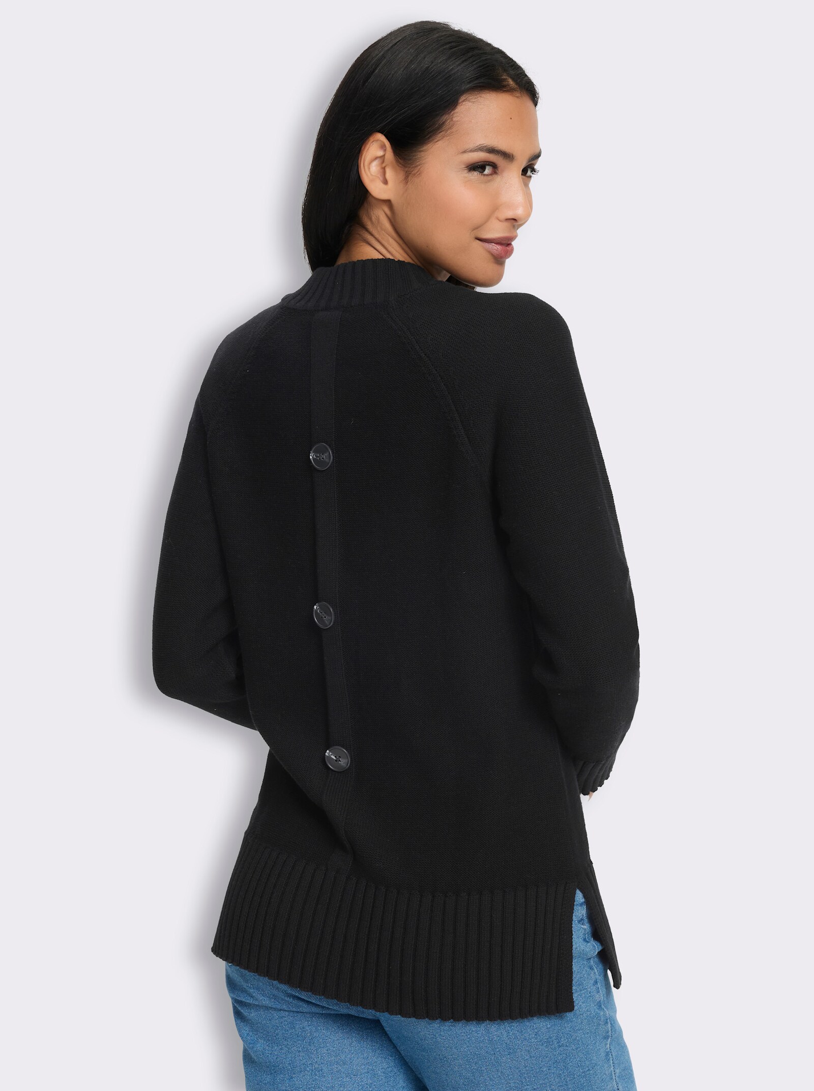Stehkragenpullover mit Zierknopfleiste hinten - schwarz