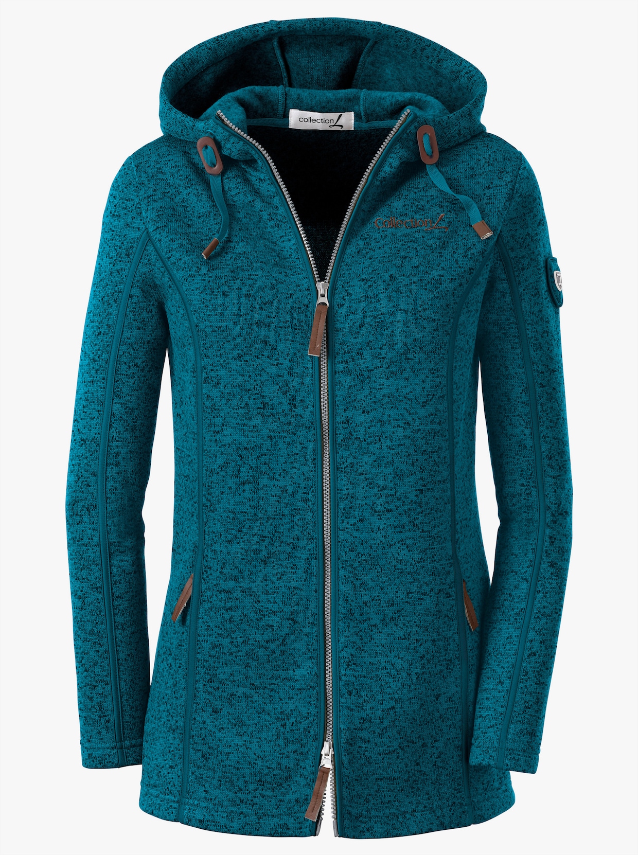 Kapuzenfleecejacke mit Umlegekragen - petrol-meliert