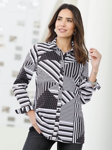 Longline blouse - wit/zwart geprint