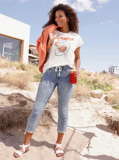 Shirt mit überschnittenen Schultern - ecru-papaya-bedruckt