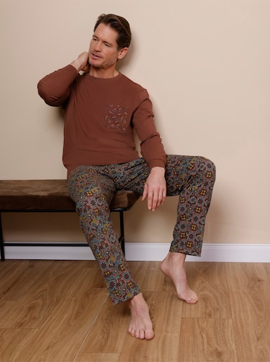 wäschepur men Schlafanzug aus Bio-Baumwolle - rotbraun-graphit-bedruckt