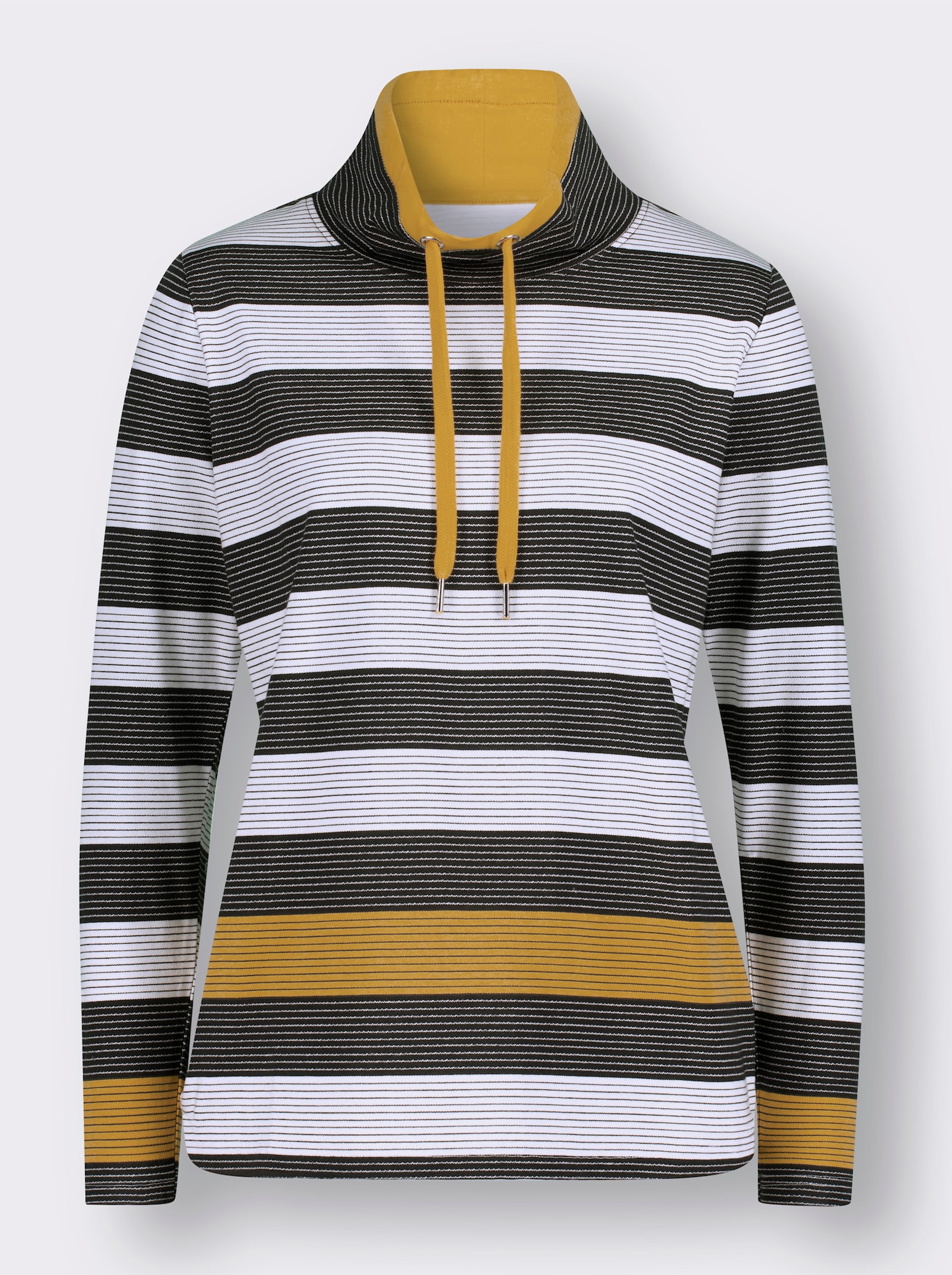 Stehkragenshirt mit weitenregulierbarem Kragen - ocker-schwarz-geringelt
