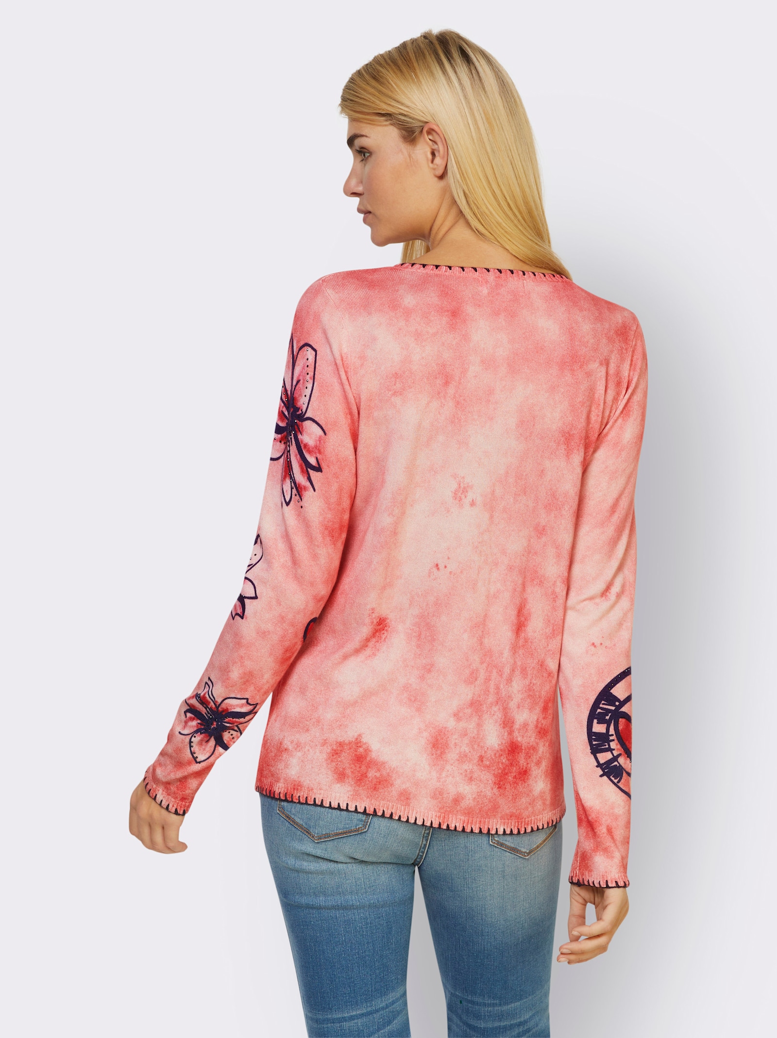 heine Feinstrickjacke mit Handstickerei - hummer-marine-bedruckt