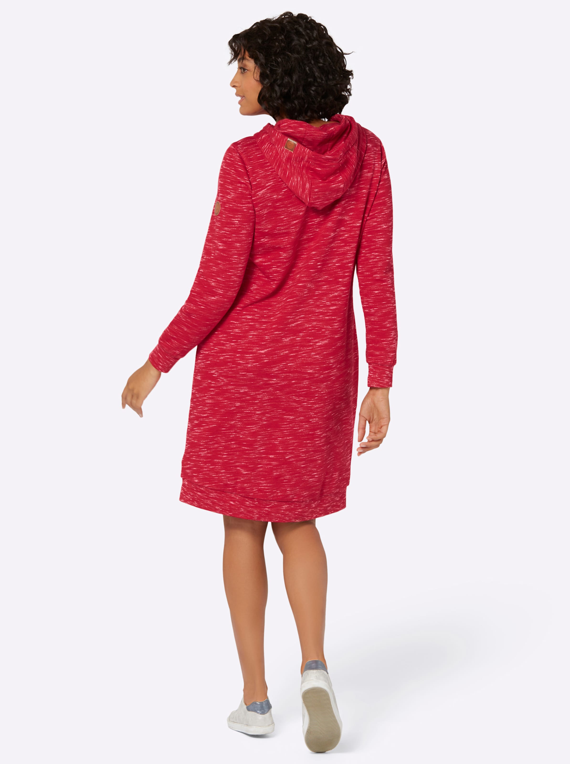 ein Kleid günstig Kaufen-Sweatkleid in rot-weiß-meliert von heine. Sweatkleid in rot-weiß-meliert von heine <![CDATA[Schön lässig und bequem! Sweatkleid im hochwertig garngefärbten Melange-Muster. Die Kapuze lässt sich mittels Tunnelzug und Band in der Weite regulie