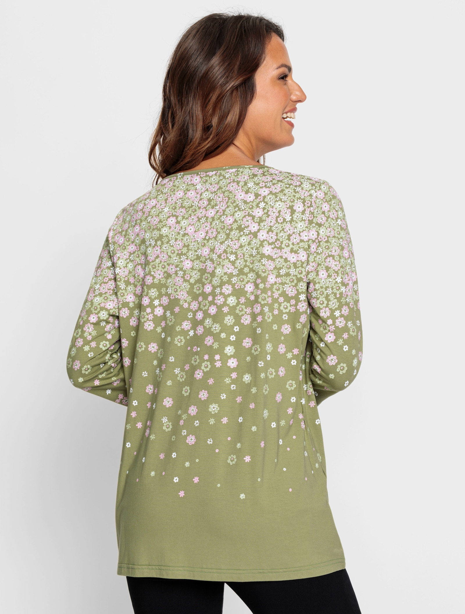 Tuniekshirt in verlooplook - rietgroen/lichtrose bedrukt