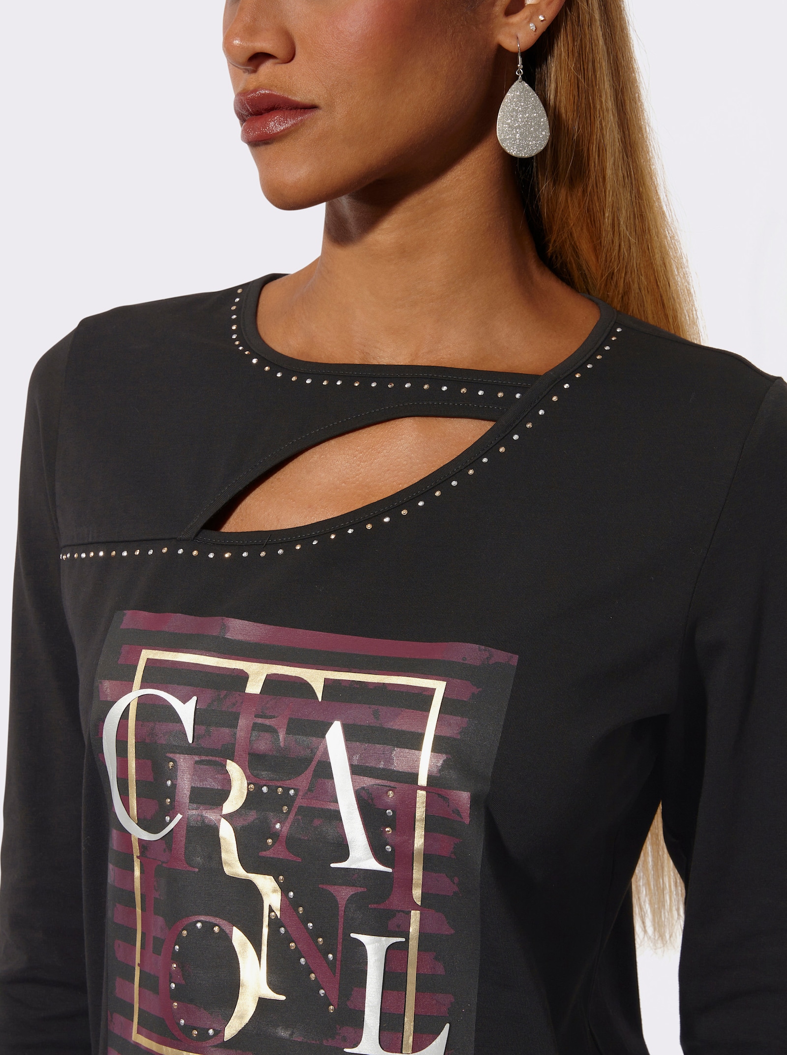 3/4-Arm-Shirt mit Foliendruck - schwarz-goldfarben-bedruckt